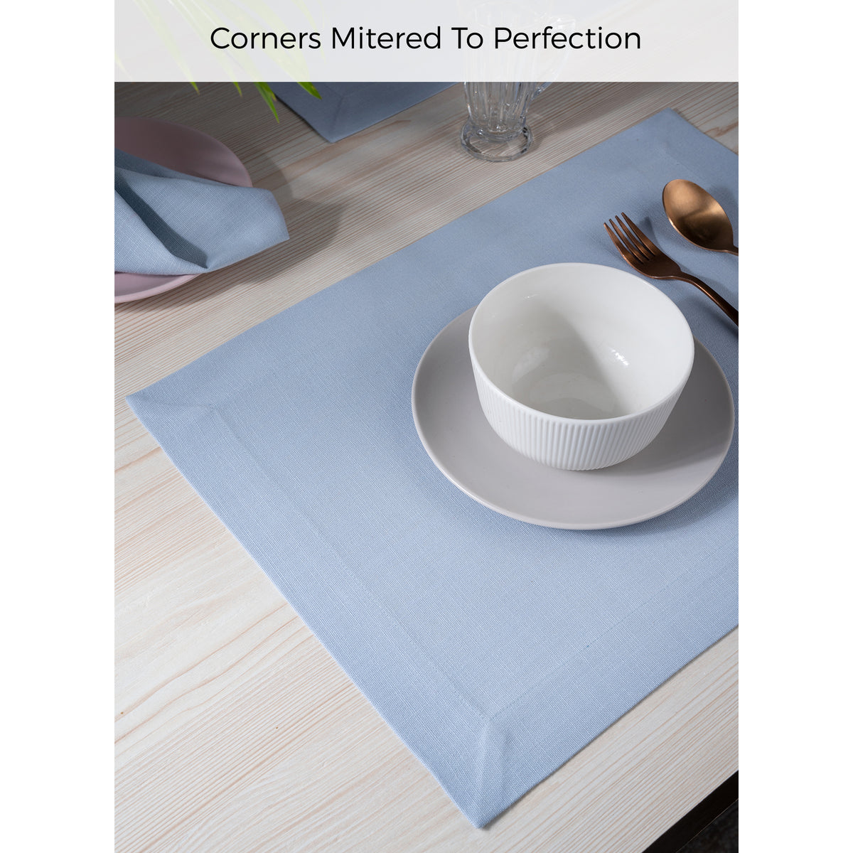 Powder Blue Linen Textured Placemats 14 x 19 Inch Set of 4 - Mitered Corner