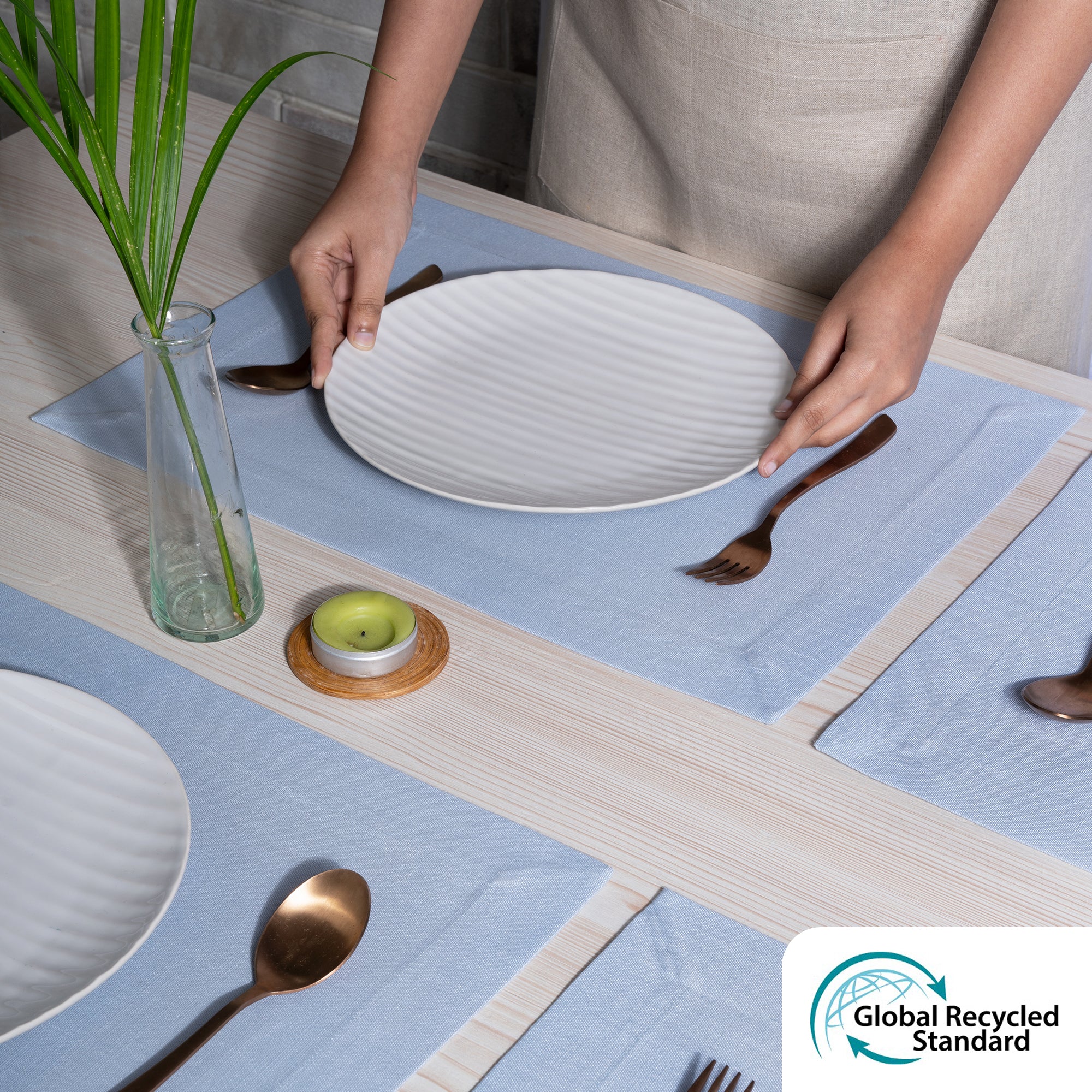 Light Blue Faux Linen Placemats, Mitered Corner, 14 x 19 inch, 4 pcs