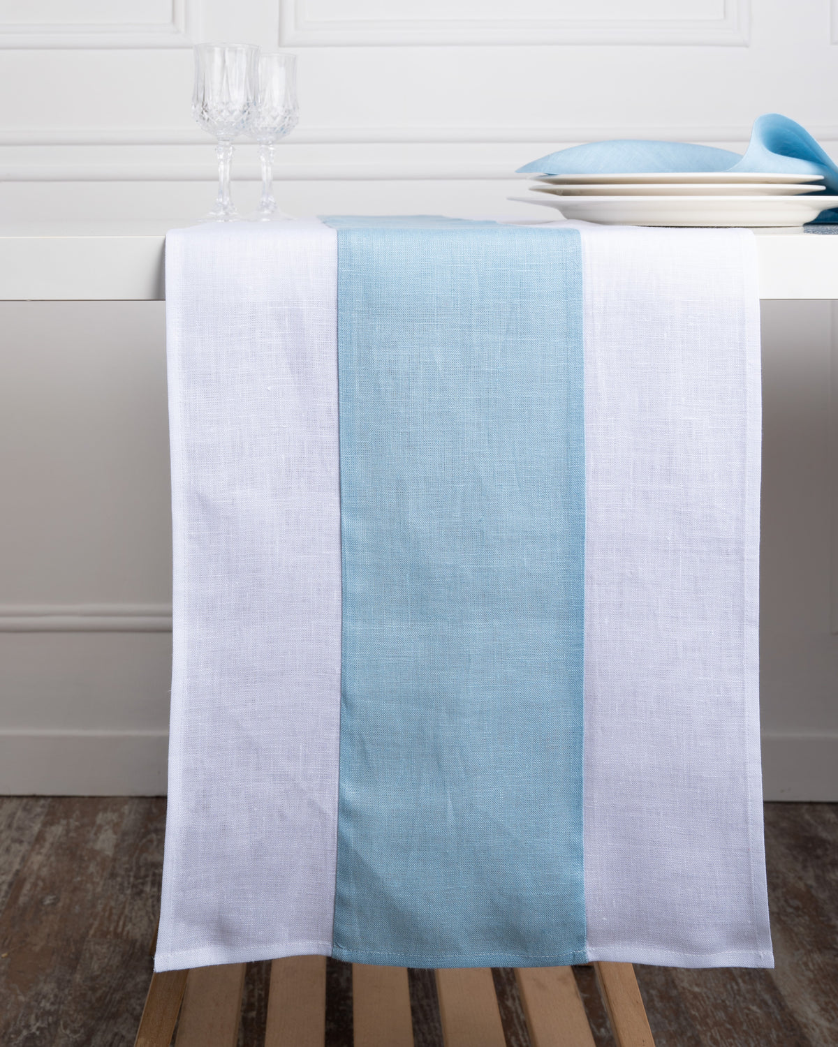 White and Powder Blue Linen Table Runner - Splicing
