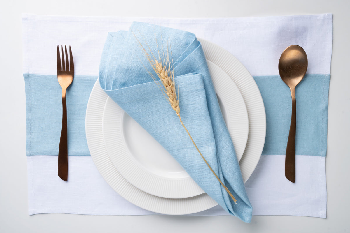 White and Powder Blue Linen Placemats 12 x 18 Inch Set of 4 - Splicing
