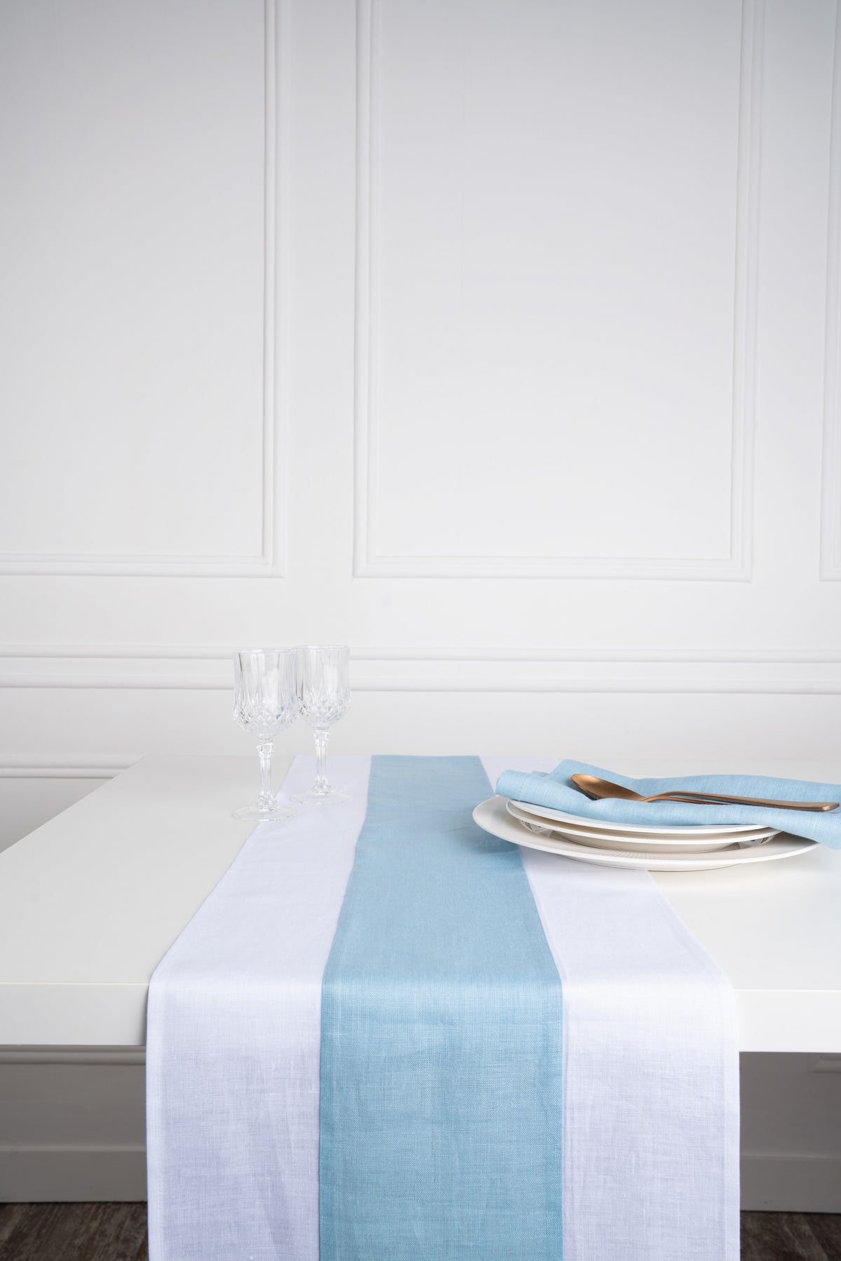 White and Powder Blue Linen Table Runner - Splicing