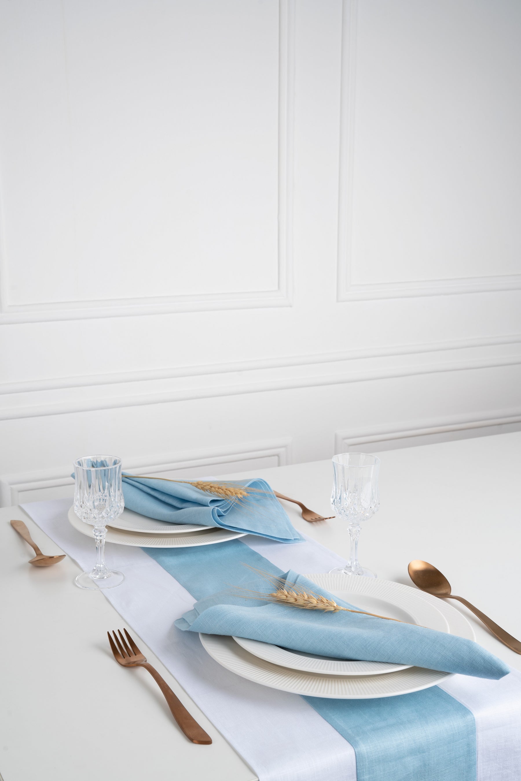 Splicing Linen Table Runner - White and Powder blue