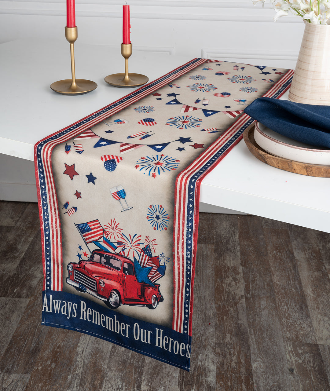 Remember Heroes Linen Textured Table Runner - 4th July Print
