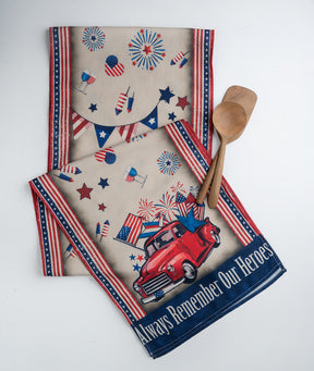 Remember Heroes Linen Textured Table Runner - 4th July Print