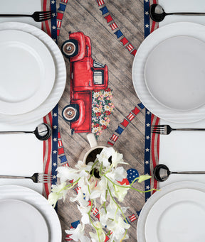 Farmtruck Gnomes Linen Textured Table Runner - 4th July Print