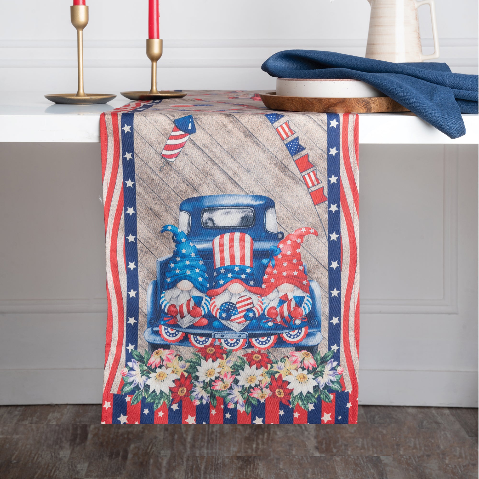 Farmtruck Gnomes 4th July Print Table Runner