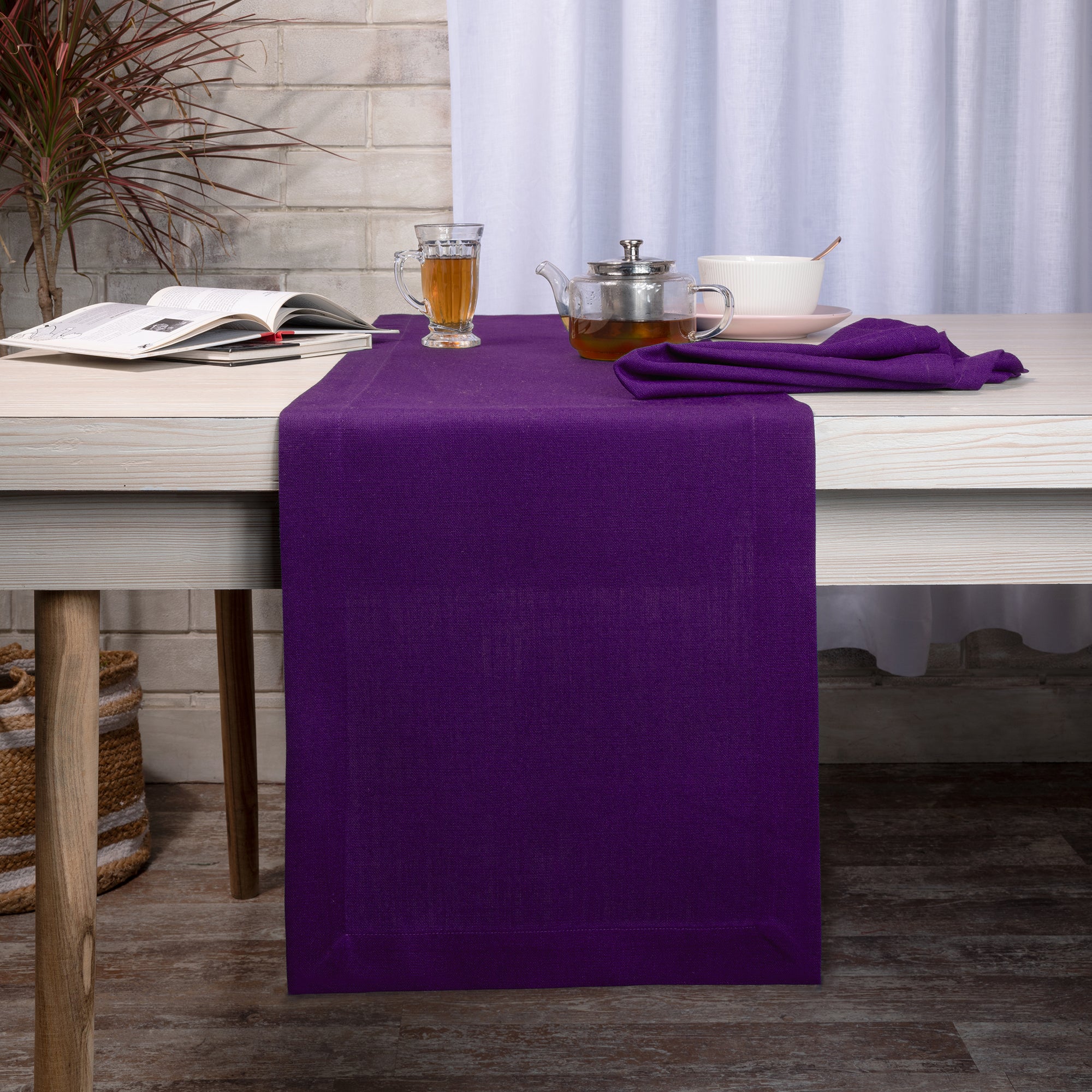 Purple Table Runner, Faux Linen, Mitered Corner