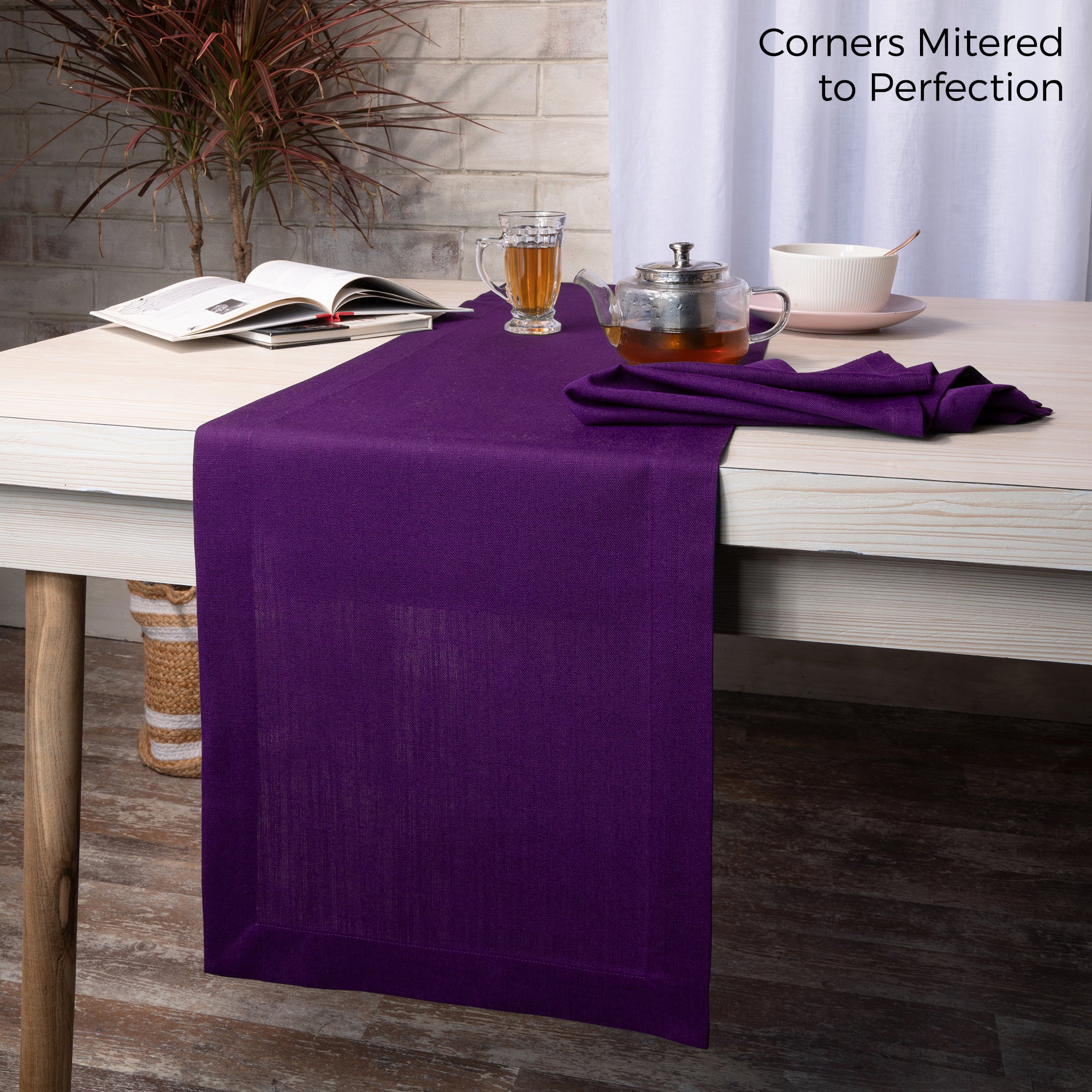 Purple Table Runner, Faux Linen, Mitered Corner