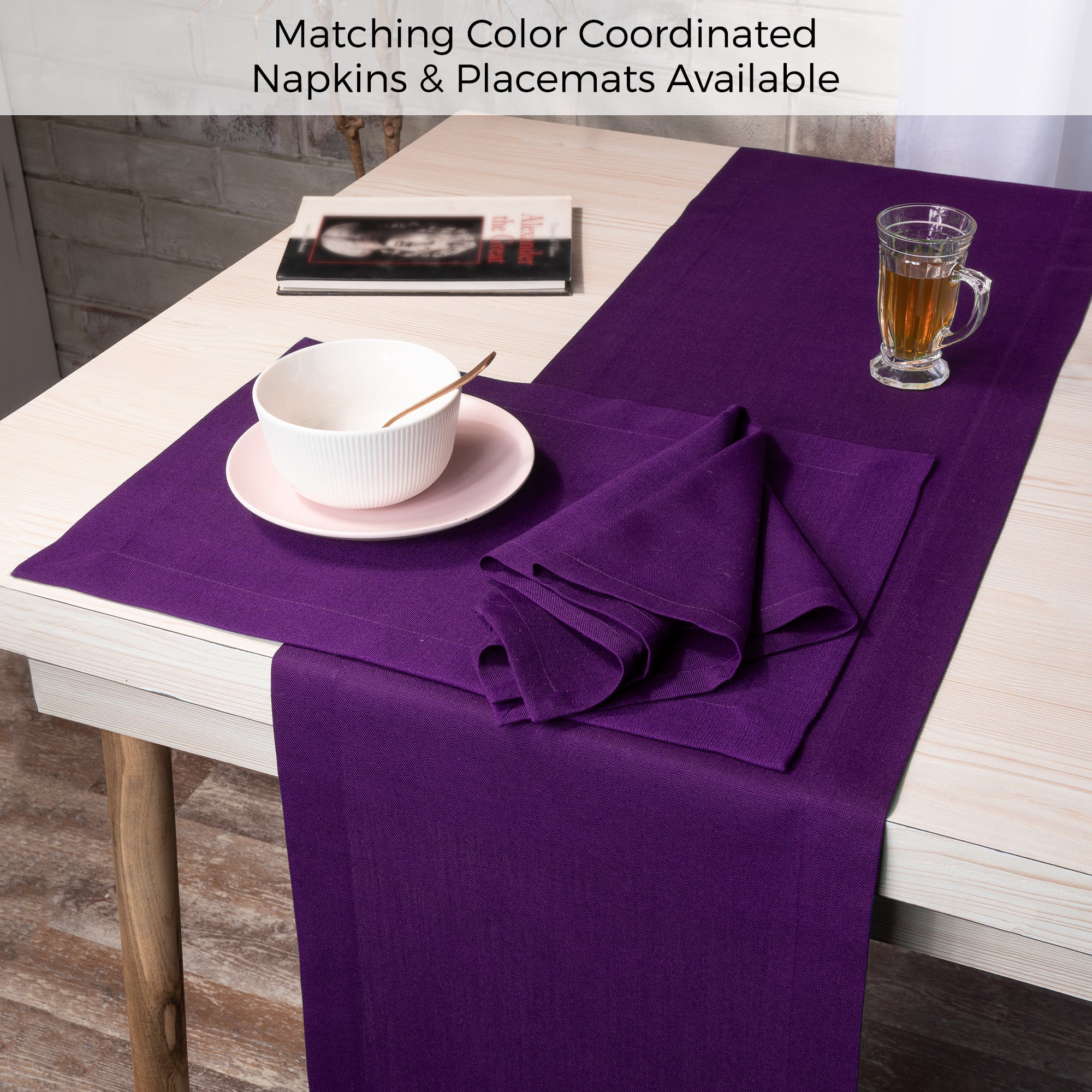 Purple Table Runner, Faux Linen, Mitered Corner