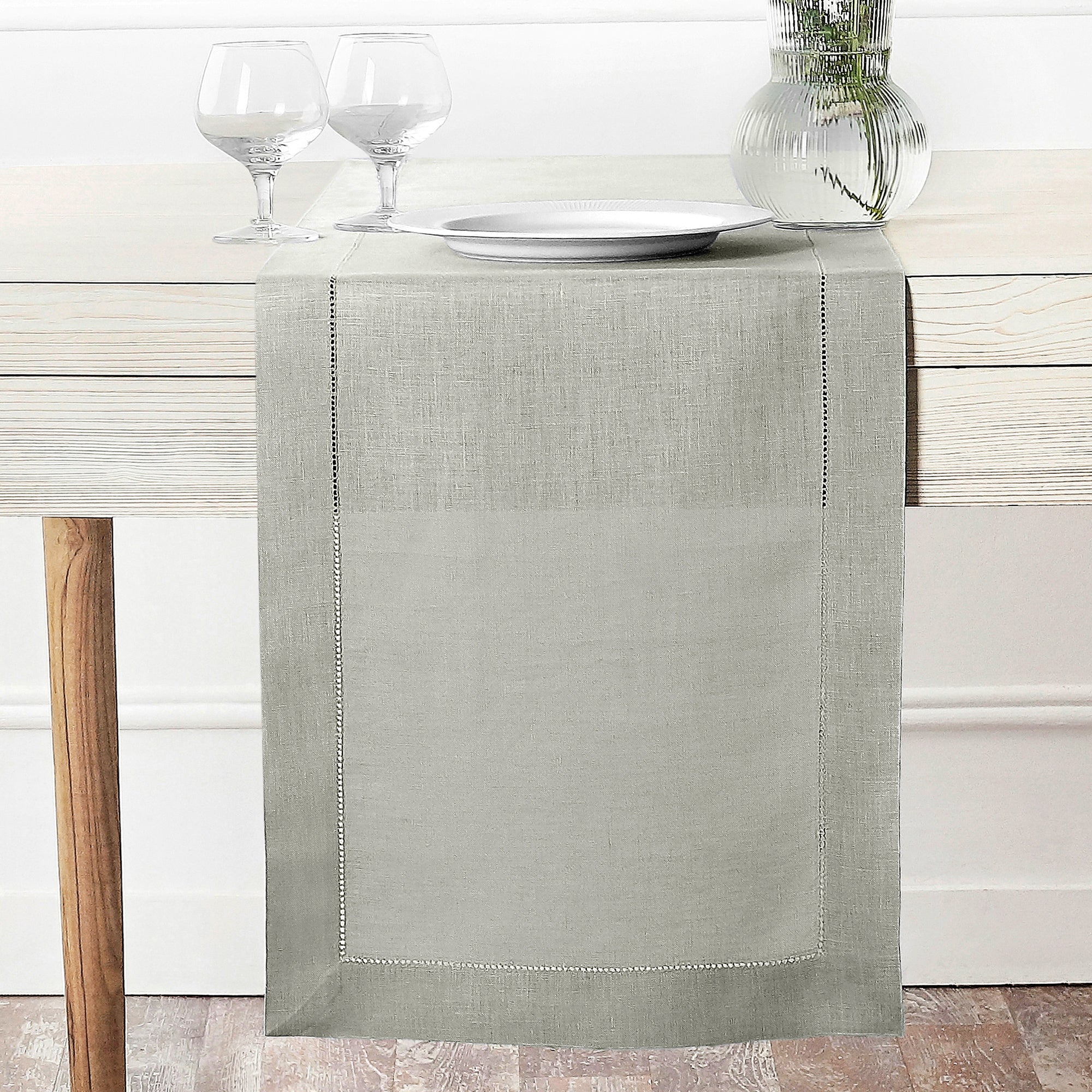 Silver Grey Linen Table Runner, Hemstitch
