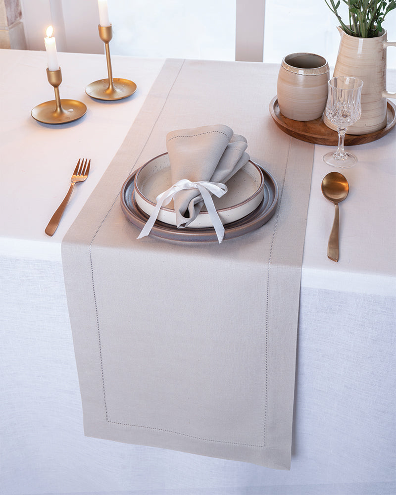 Silver Grey Linen Table Runner - Hemstitch