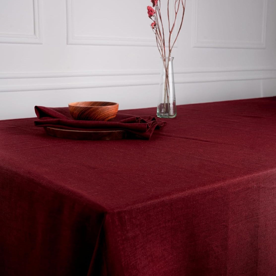 Dark Red Linen Tablecloth, Hemmed