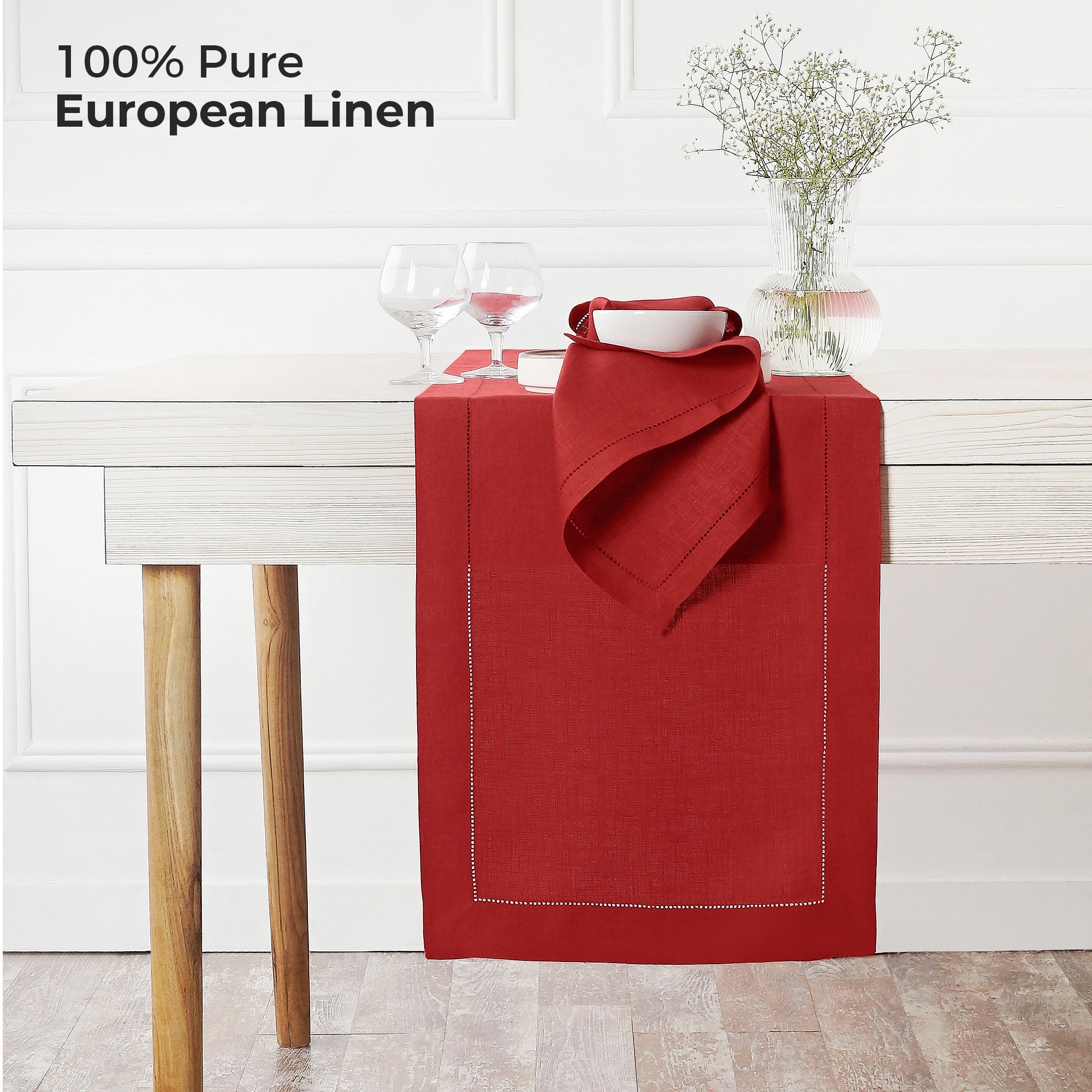 Bright Red Linen Table Runner, Hemstitch