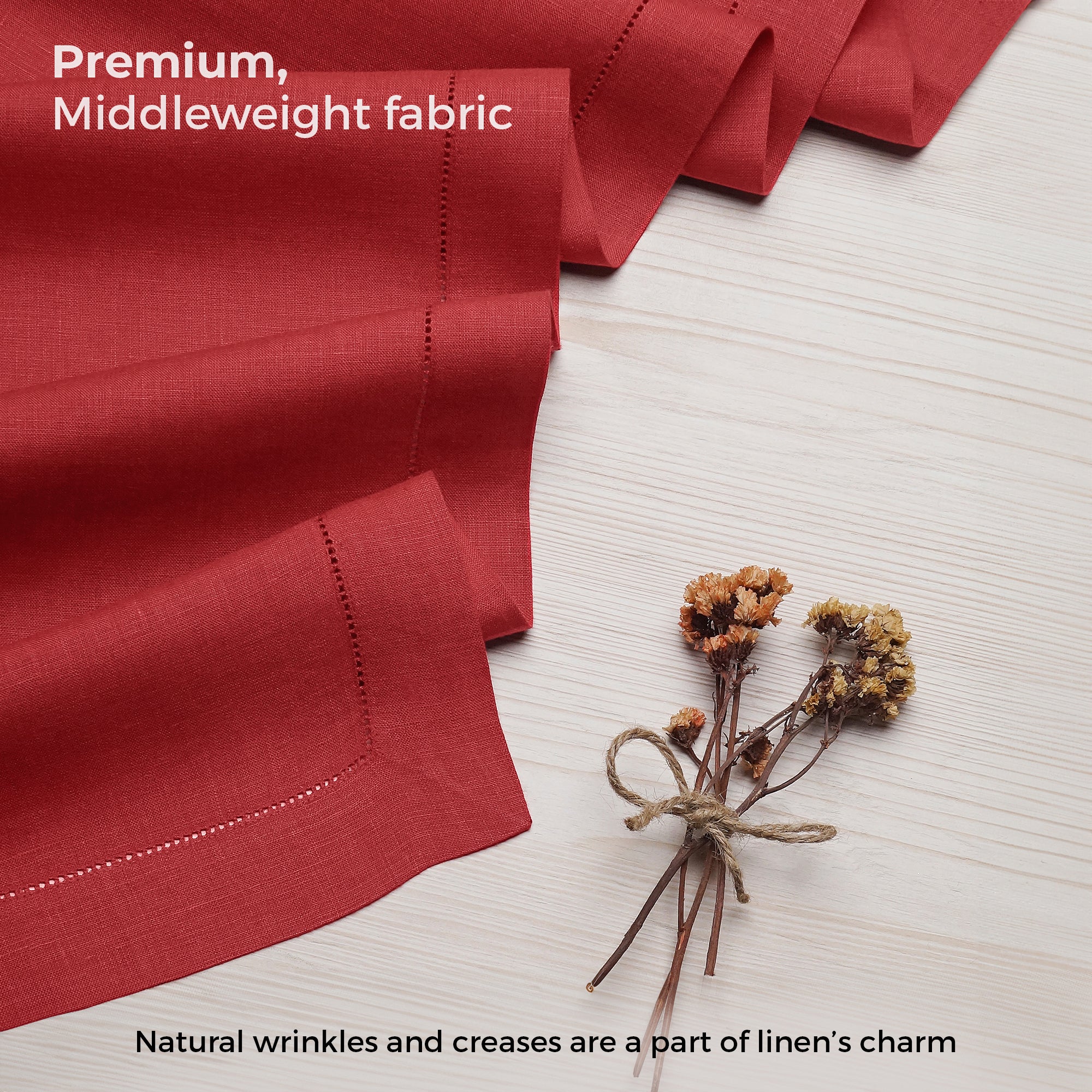 Bright Red Linen Table Runner, Hemstitch