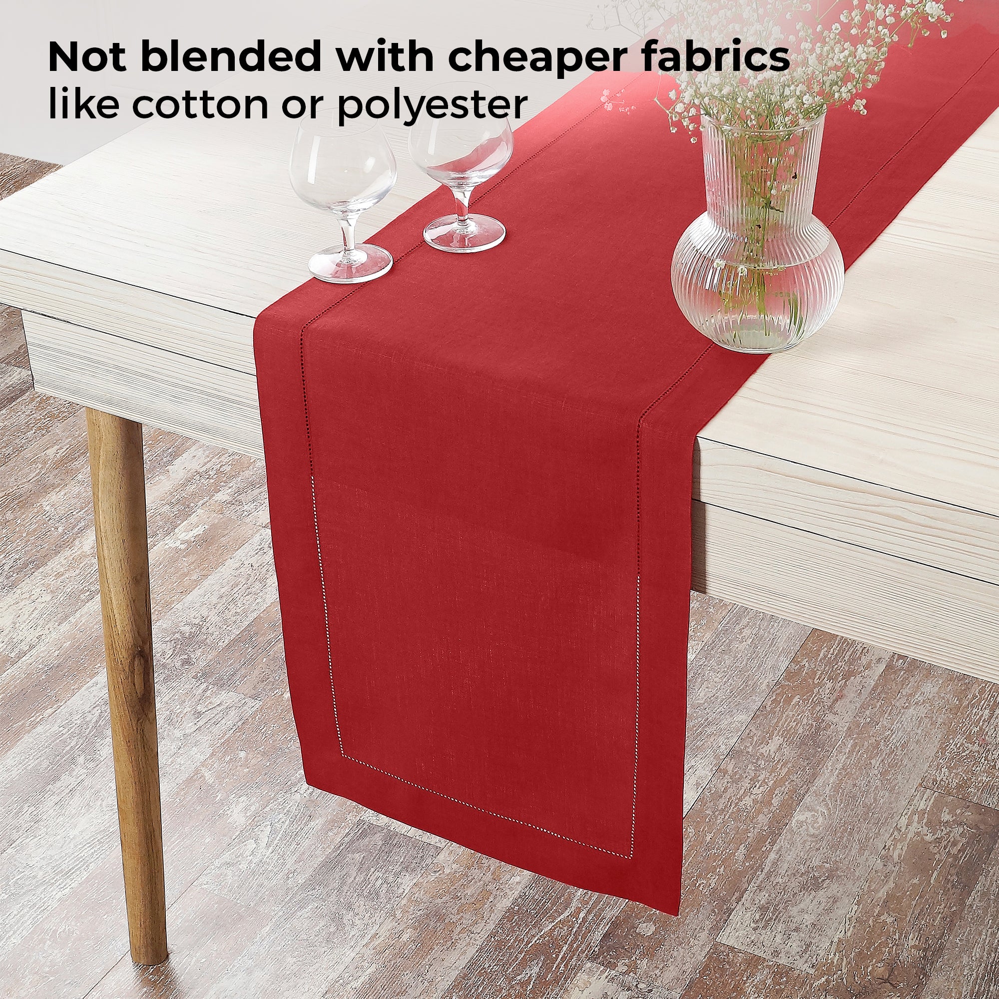 Bright Red Linen Table Runner, Hemstitch