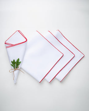 White & Red Linen Dinner Napkins 20 x 20 Inch Set of 4 - Whipstitch