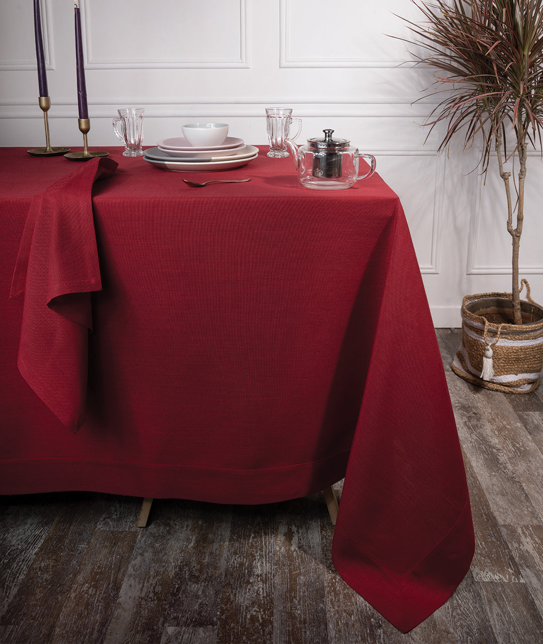 Red Linen Look Recycled Fabric Mitered Corner Dinner Napkins