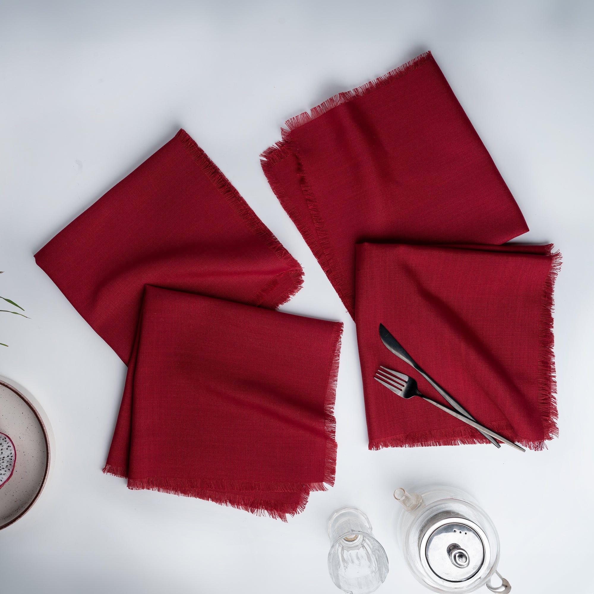 Red Faux Linen Napkins, Fringe, 20 x 20 inch, 4 pcs