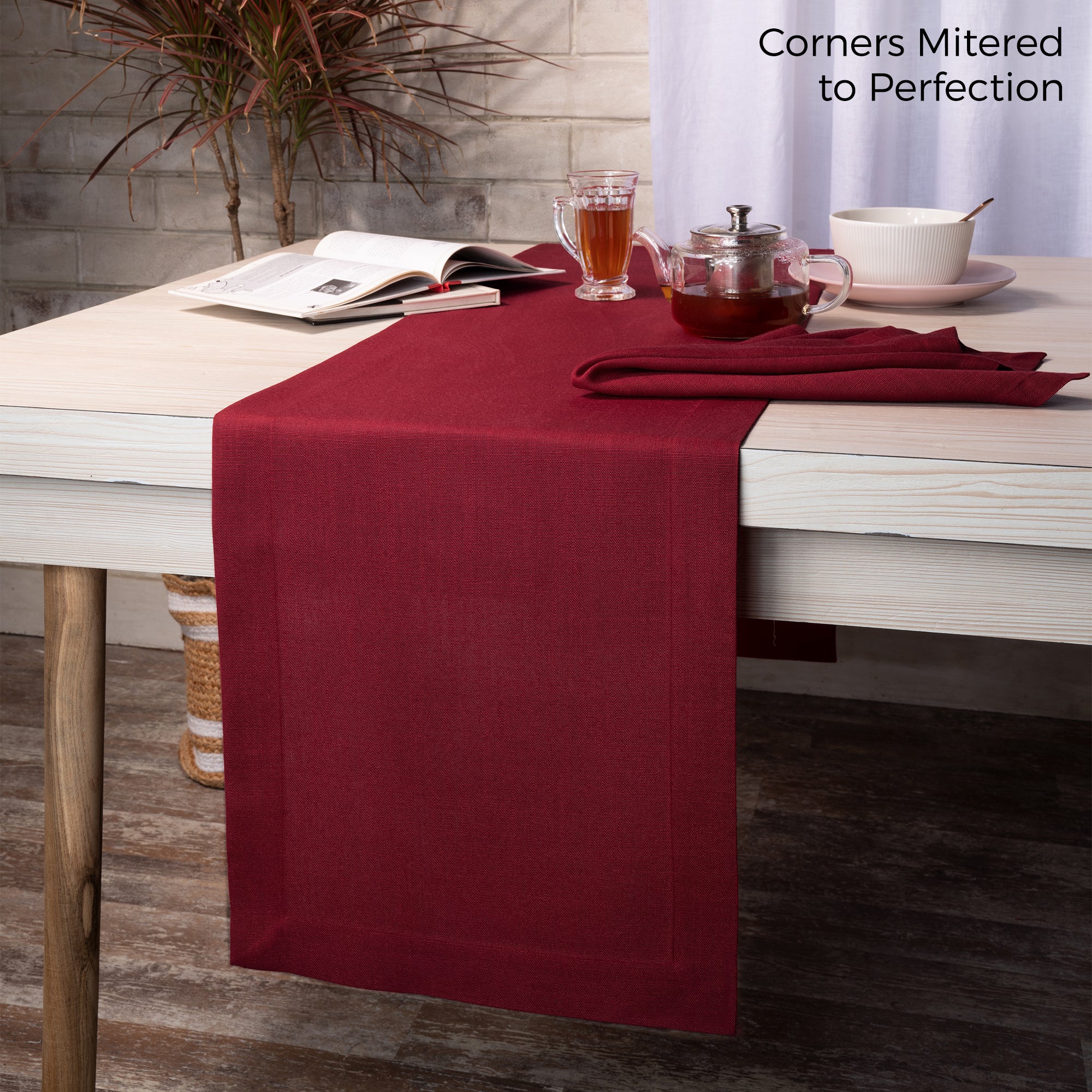 Red Table Runner, Faux Linen, Mitered Corner