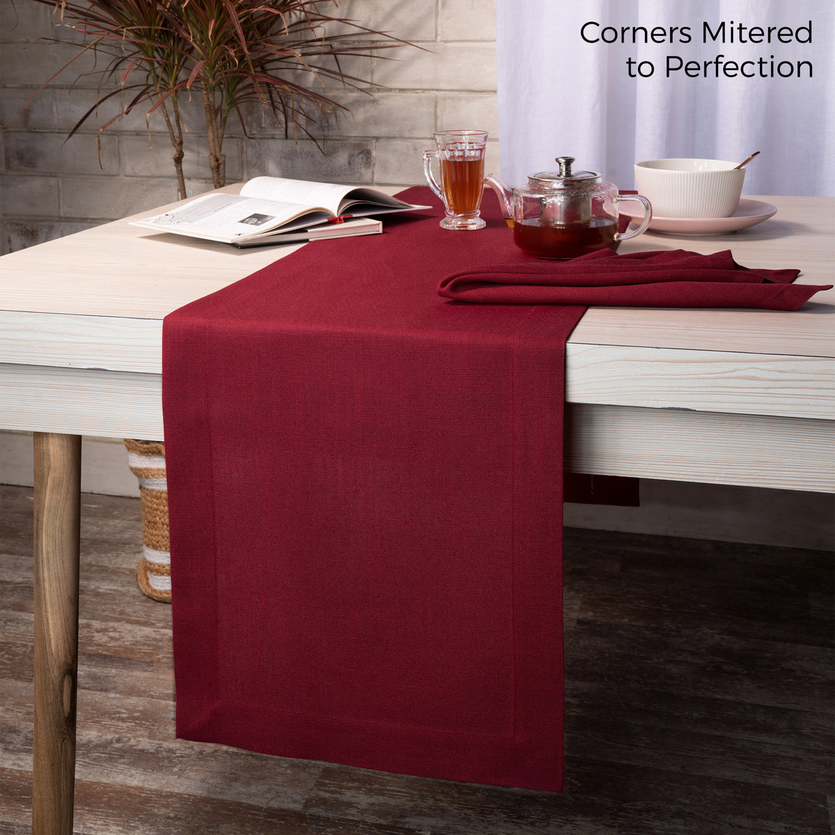 Red Faux Linen Table Runner - Mitered Corner