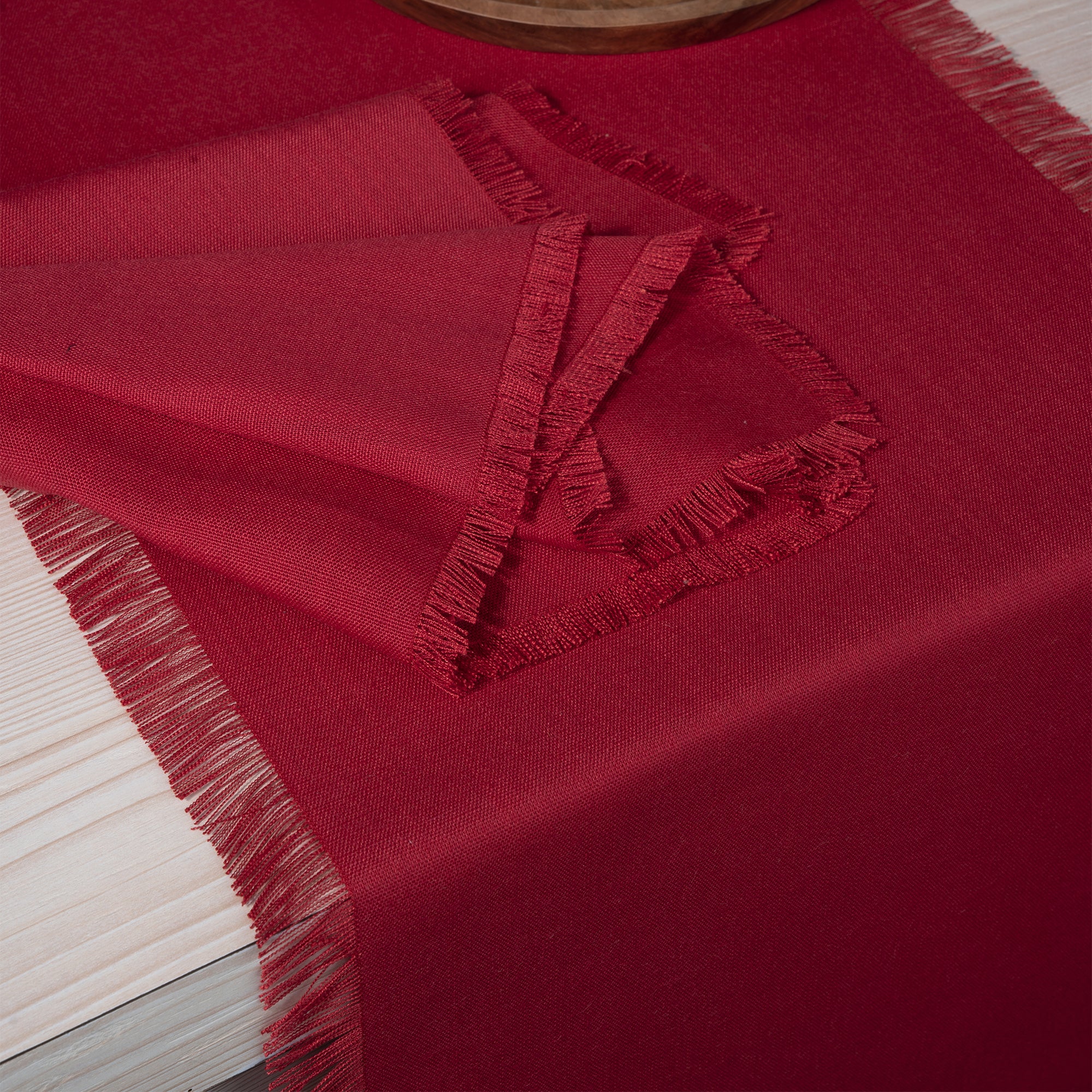 Red Table Runner, Faux Linen, Fringe