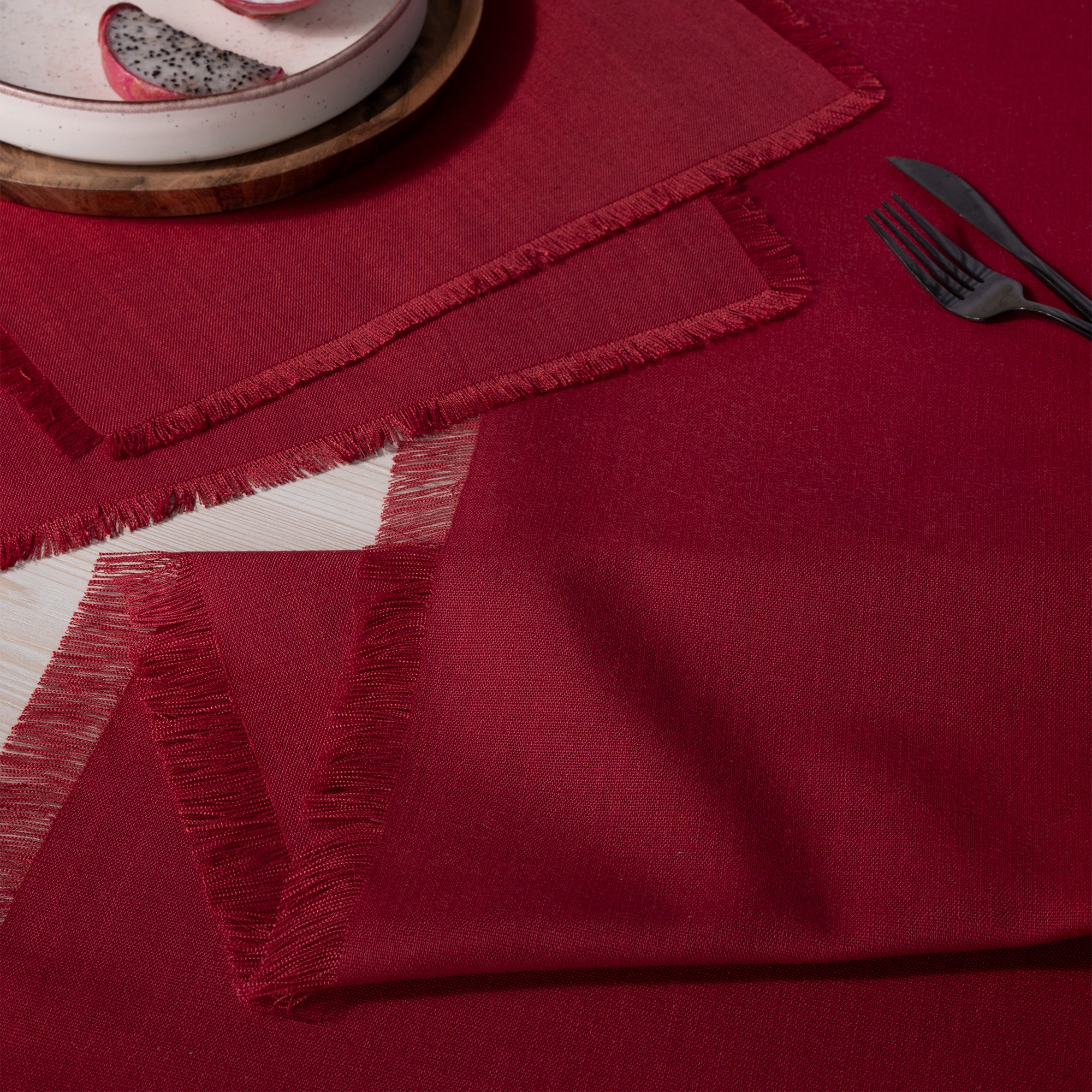 Red Table Runner, Faux Linen, Fringe