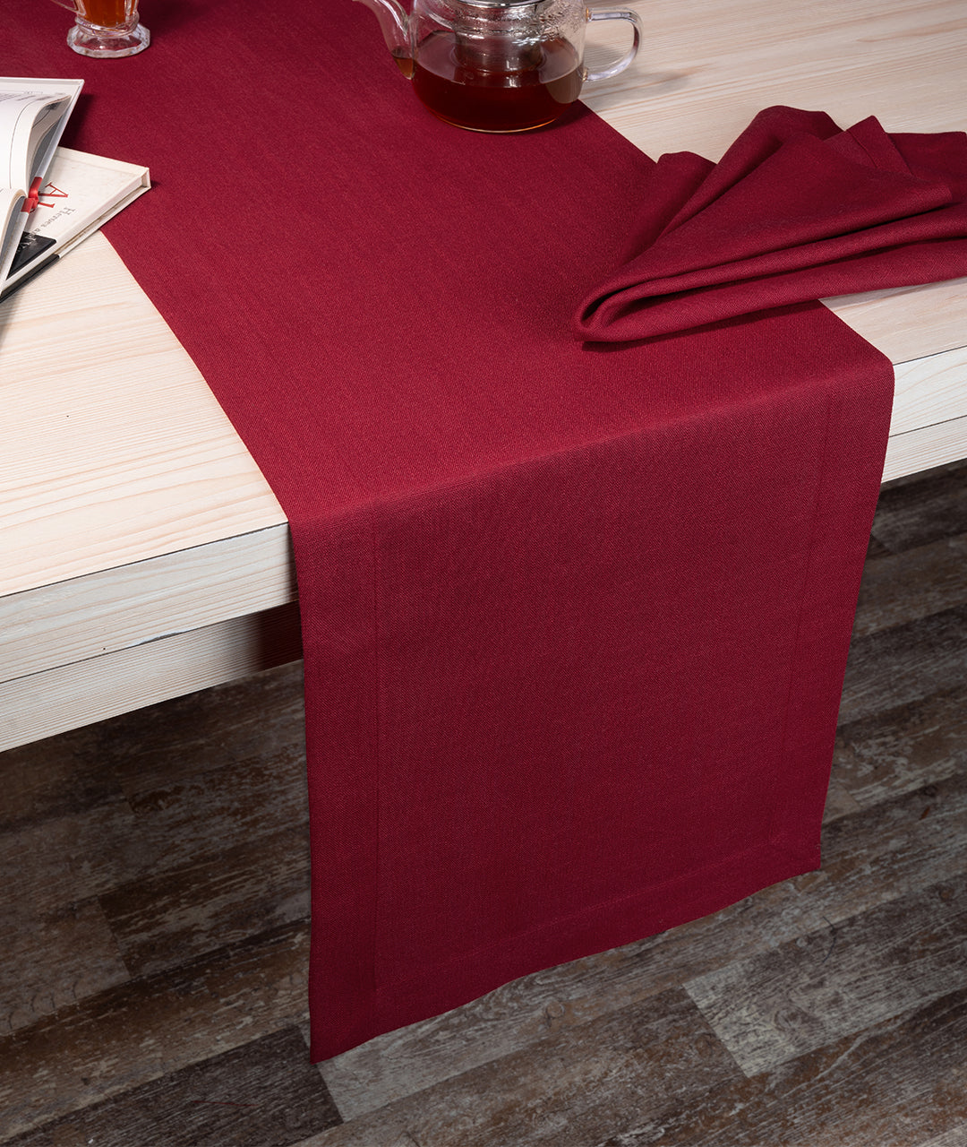 Red Linen Textured Table Runner - Mitered Corner