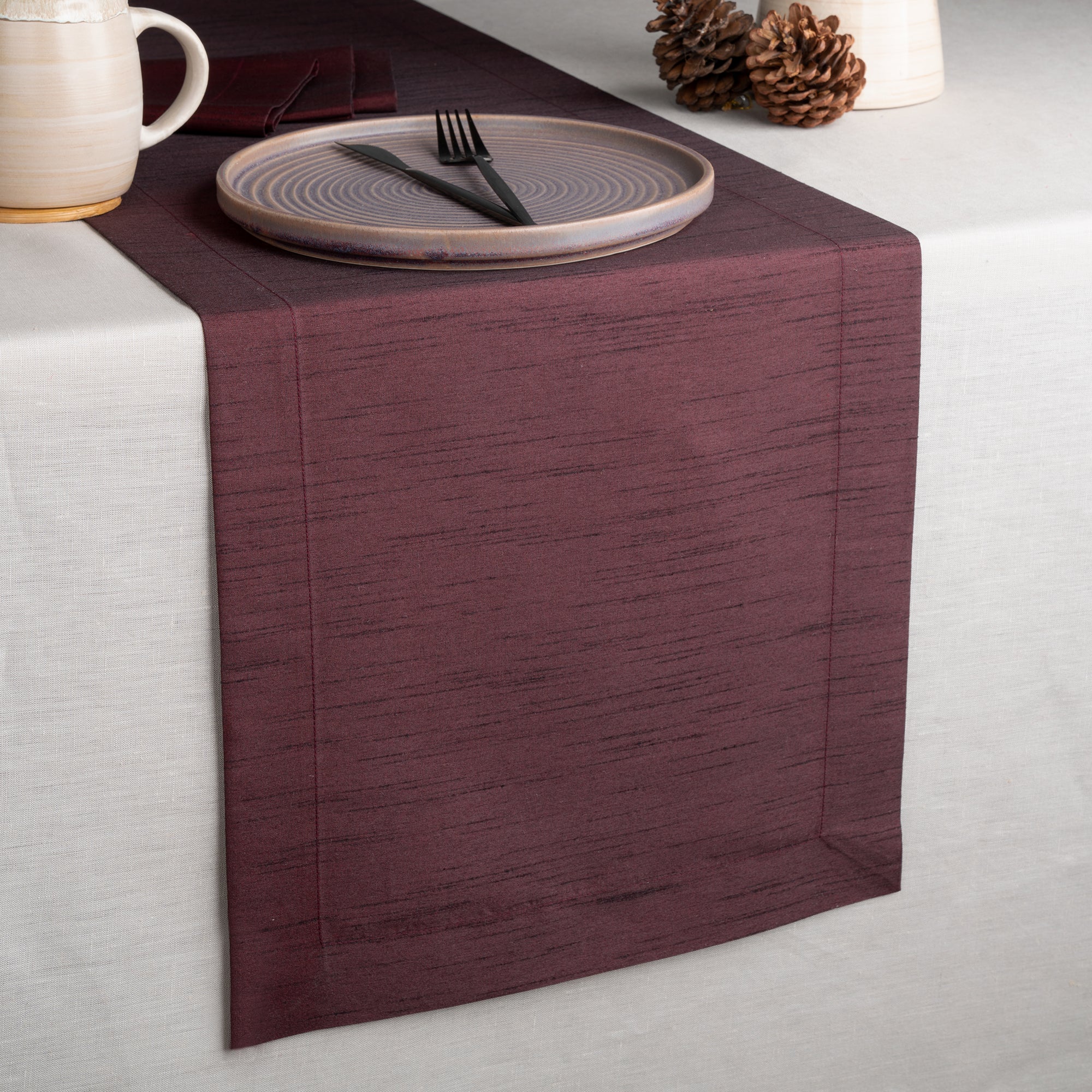 Wine Red Table Runner, Vegan Silk, Mitered Corner