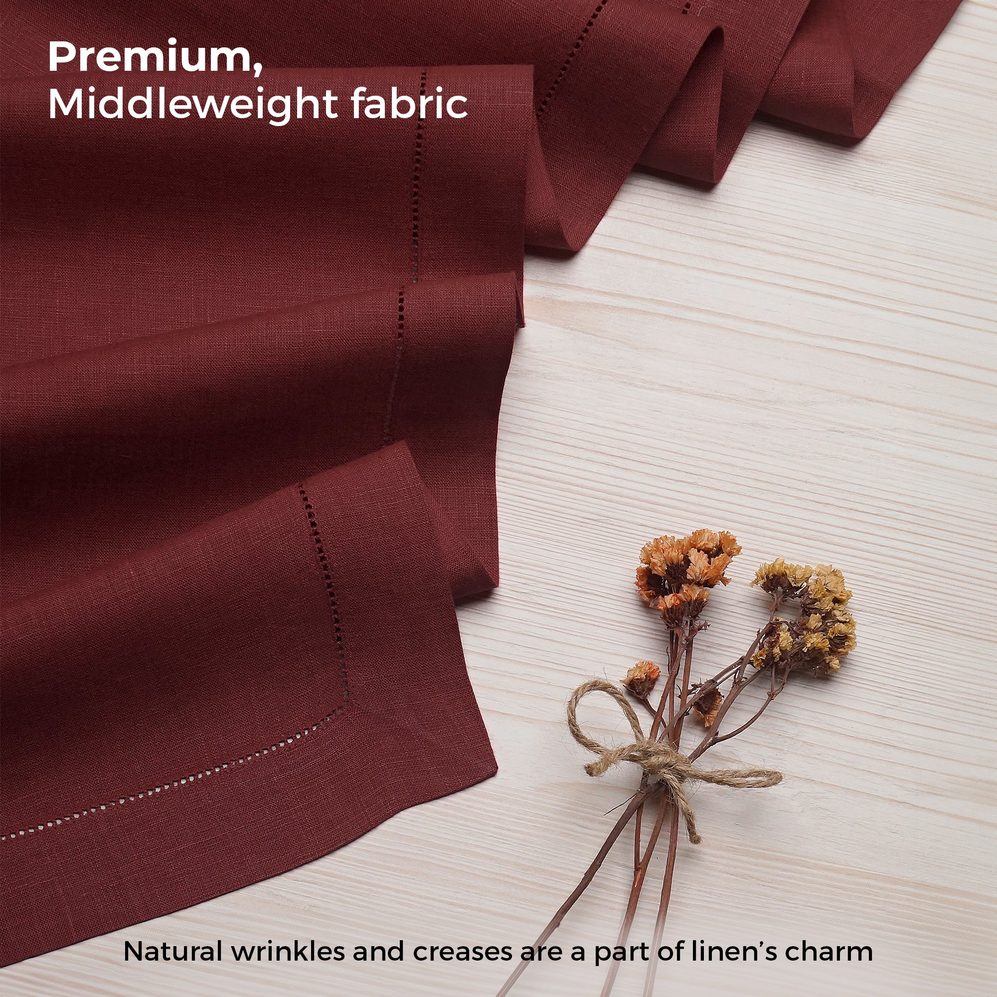 Dark Red Linen Table Runner, Hemstitch
