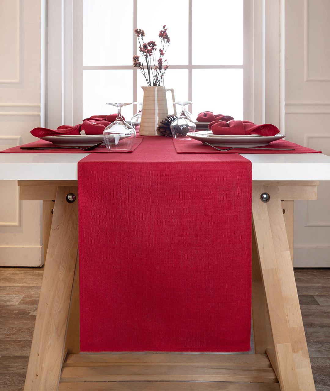 Red  Linen Textured Table Runner - Plain