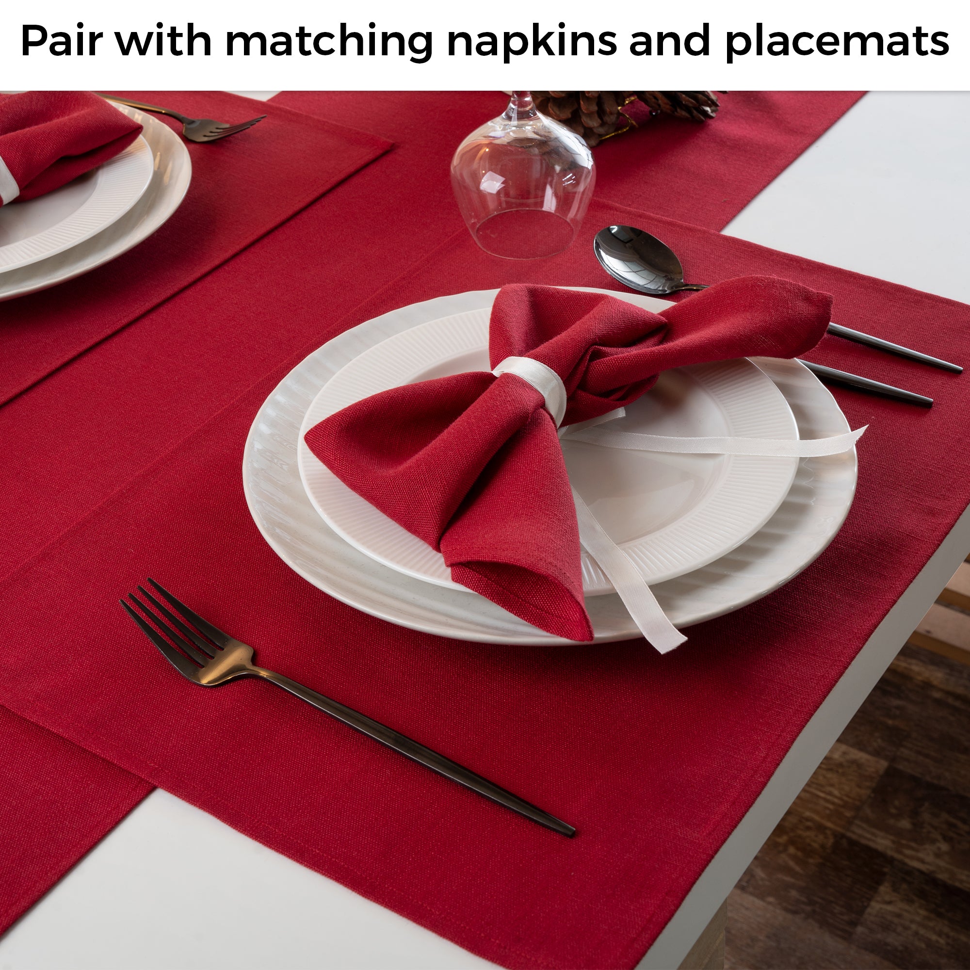 Red Table Runner, Faux Linen, Plain