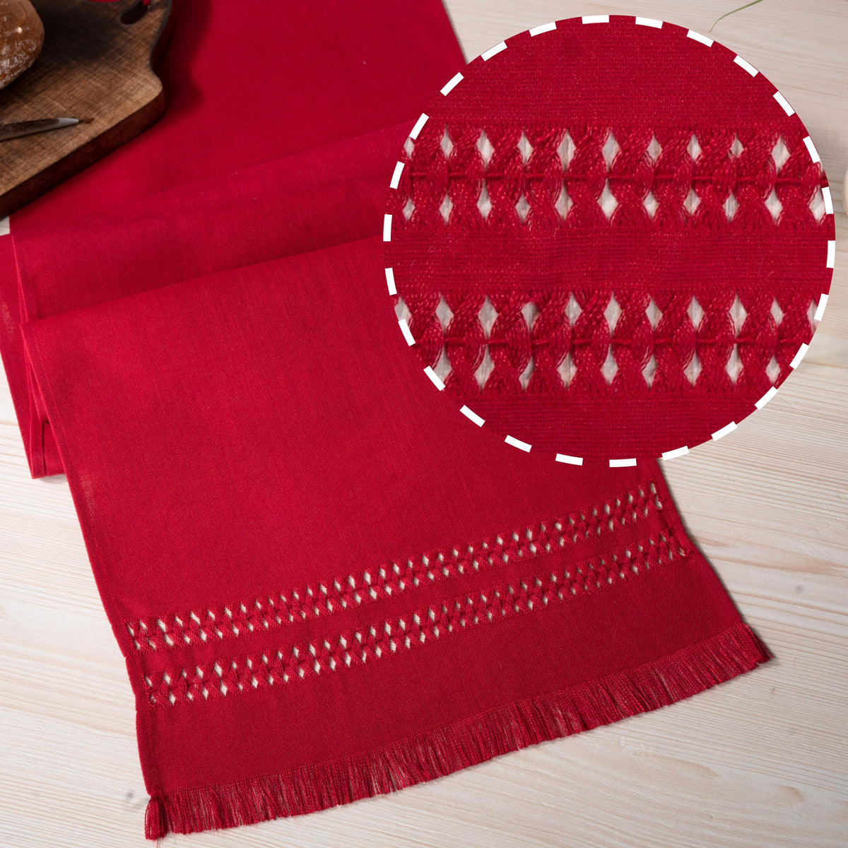 Red Table Runner, Faux Linen, Hand Hemstitch