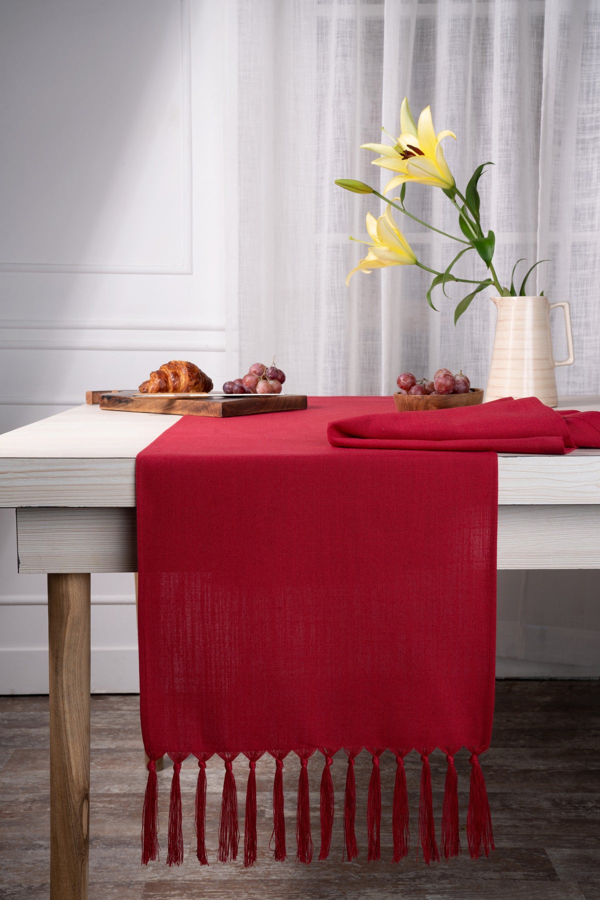 Red Linen Textured Table Runner - Tassel