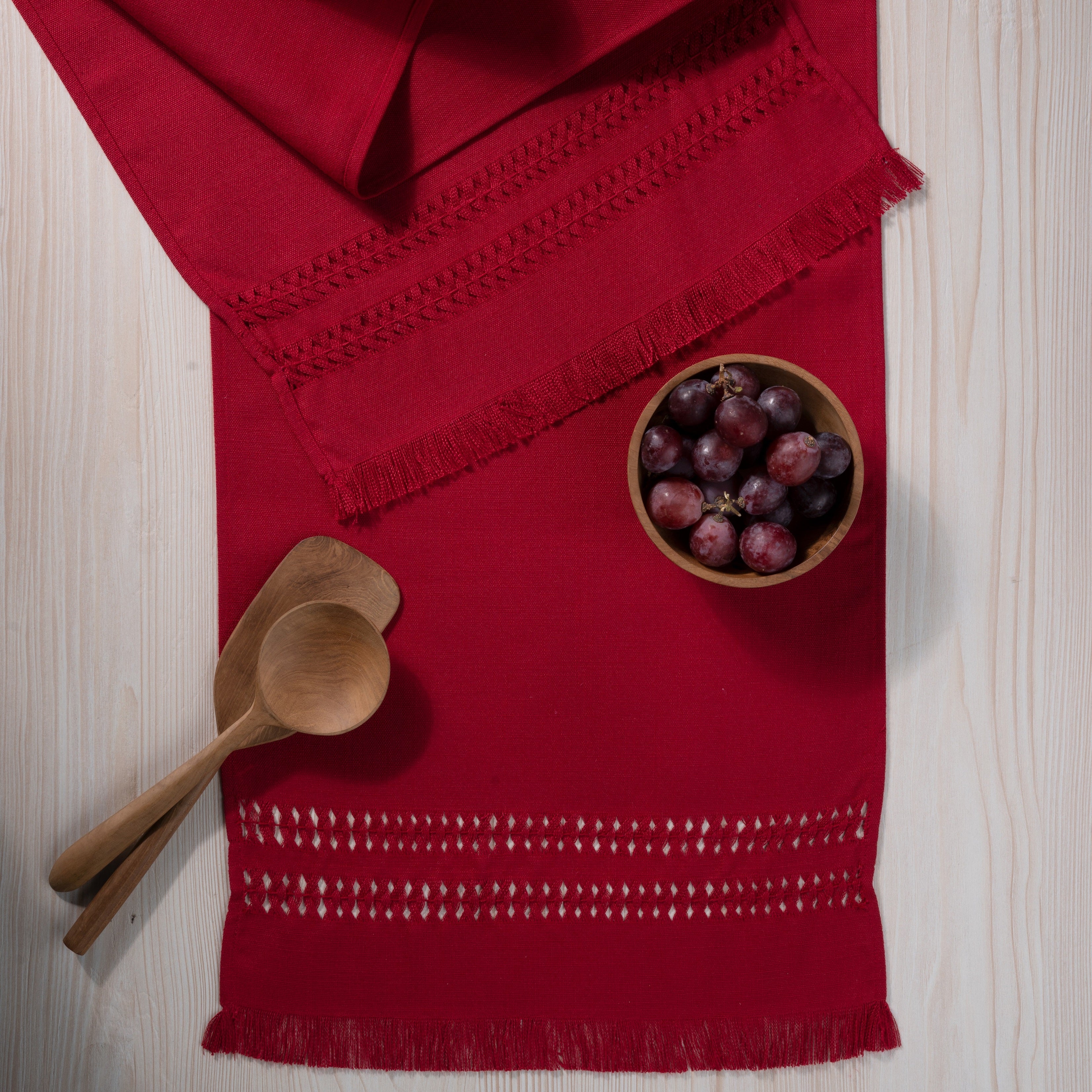 Red Table Runner, Faux Linen, Hand Hemstitch