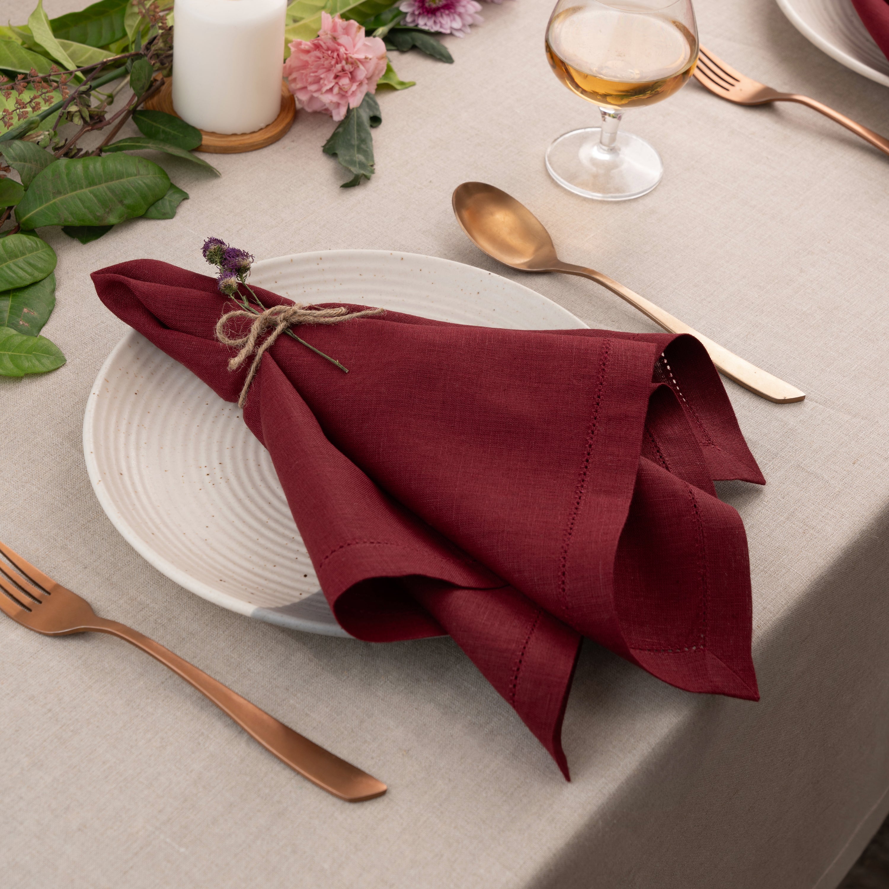 Dark Red Linen Napkins, Hemstitch, 20 x 20 inch, 4 pcs