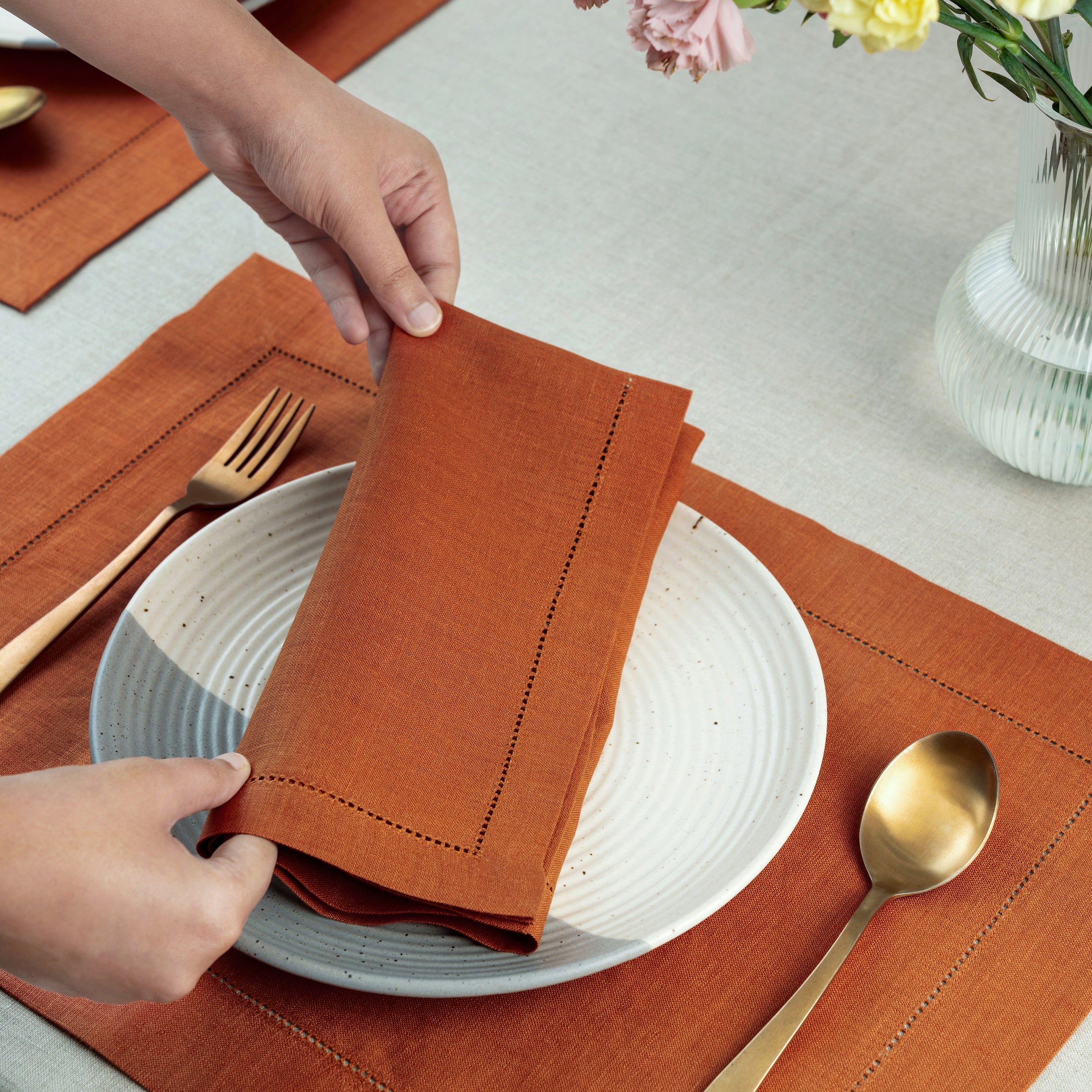 Rust Linen Napkins, Hemstitch, 20 x 20 inch, 6 pcs