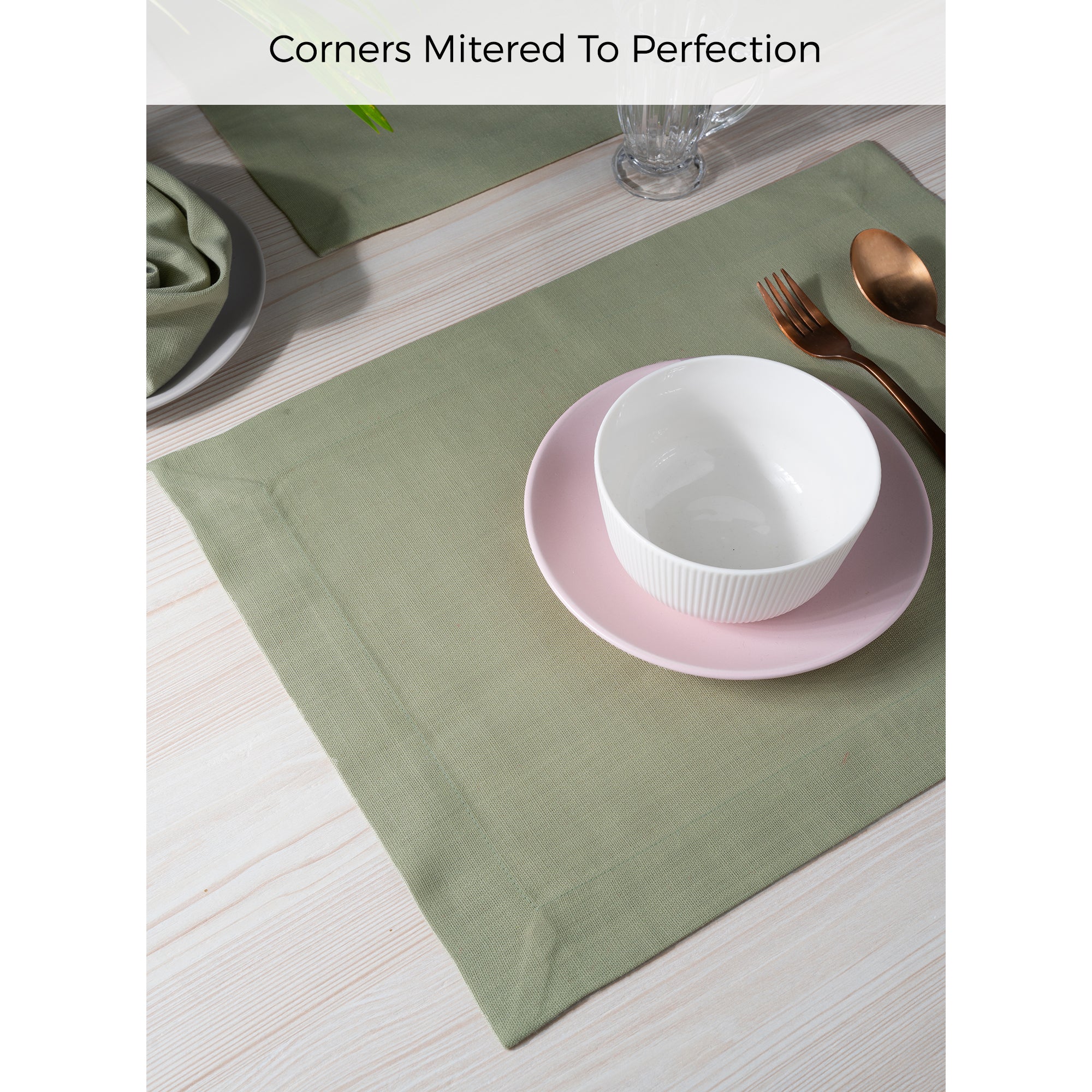 Sage Green Faux Linen Placemats, Mitered Corner, 14 x 19 inch, 4 pcs