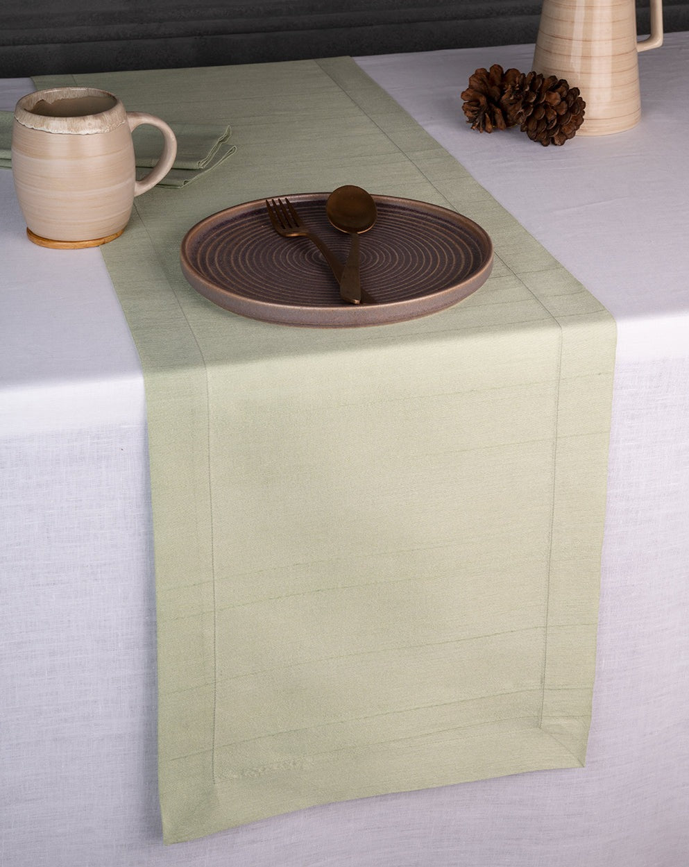 Sage Green Raw Silk Textured Table Runner - Mitered Corner