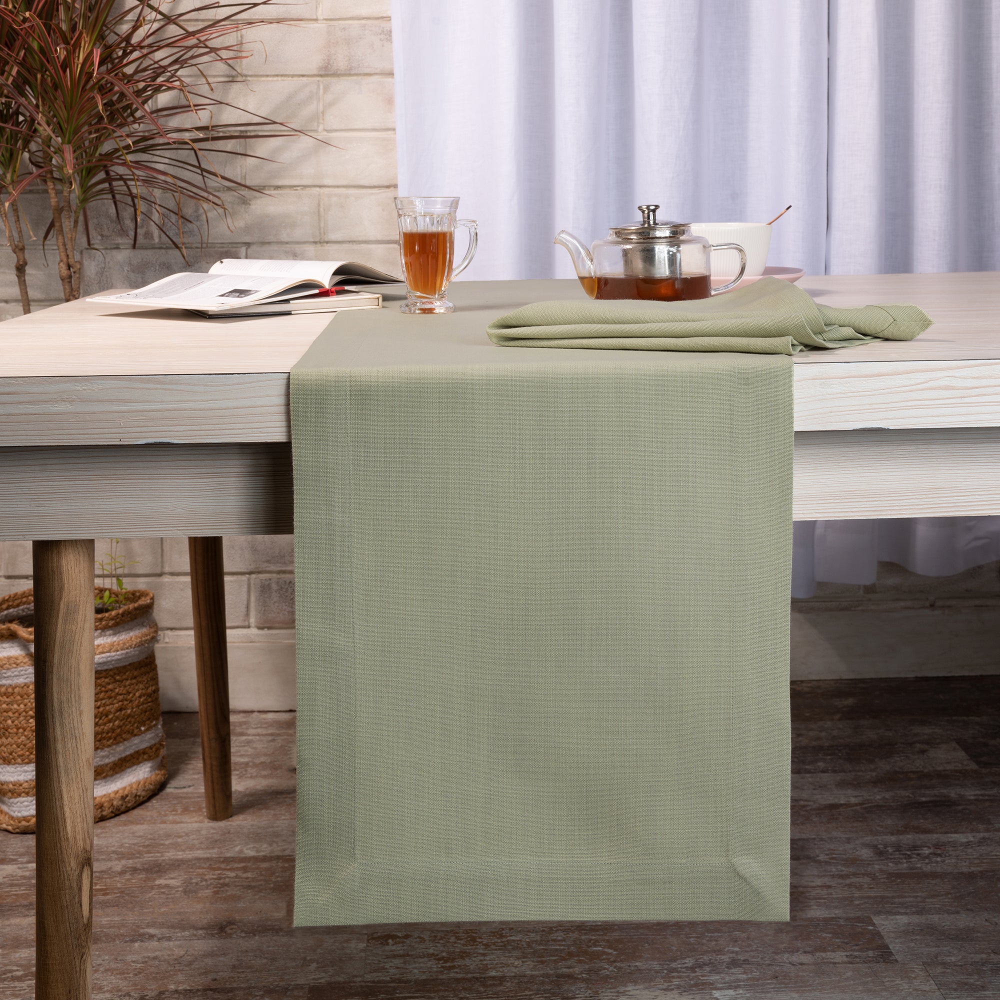 Sage Green Table Runner, Faux Linen, Mitered Corner