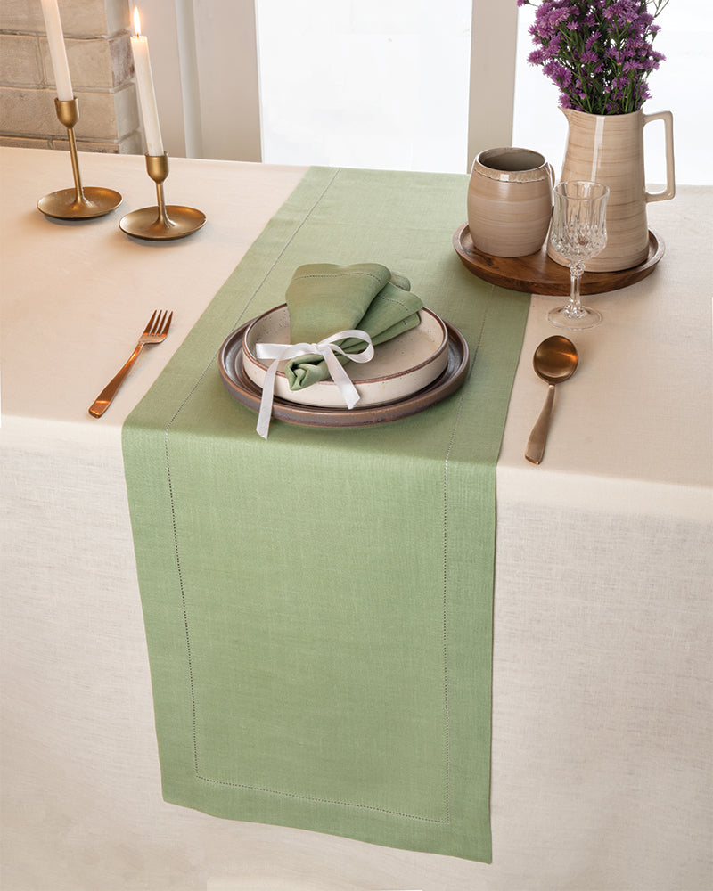 Sage Green Linen Table Runner - Hemstitch