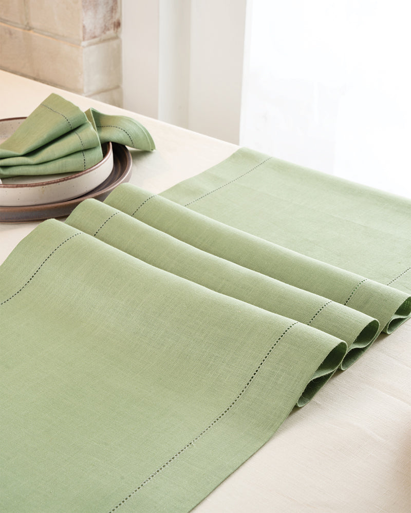 Sage Green Linen Table Runner - Hemstitch