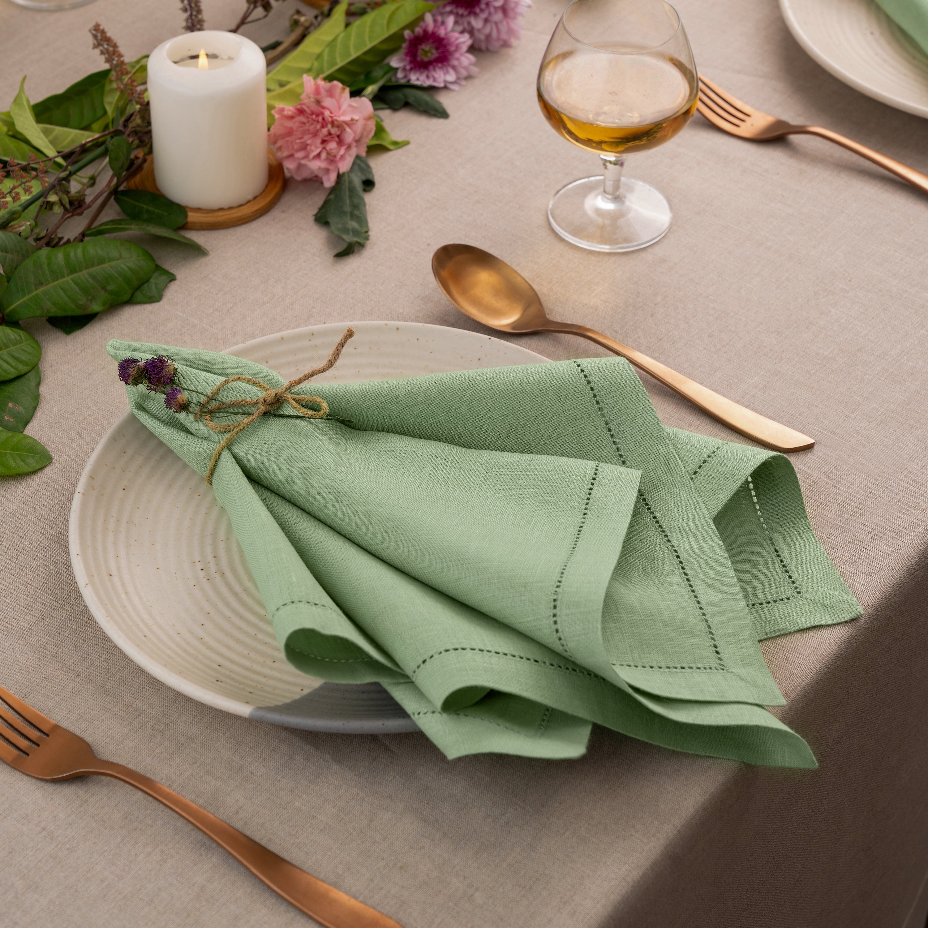 Sage Green Linen Napkins, Hemstitch, 20 x 20 inch, 4 pcs