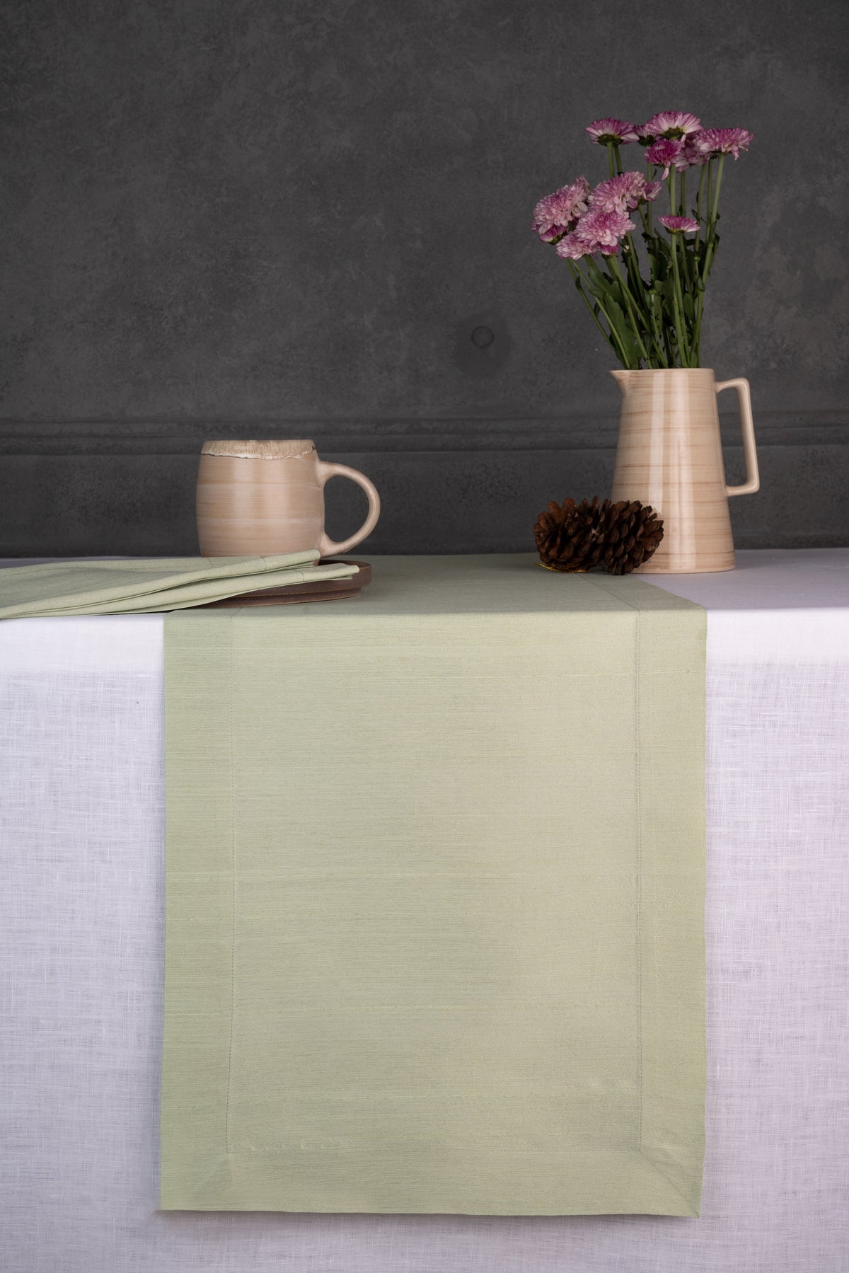 Sage Green Raw Silk Textured Table Runner - Mitered Corner