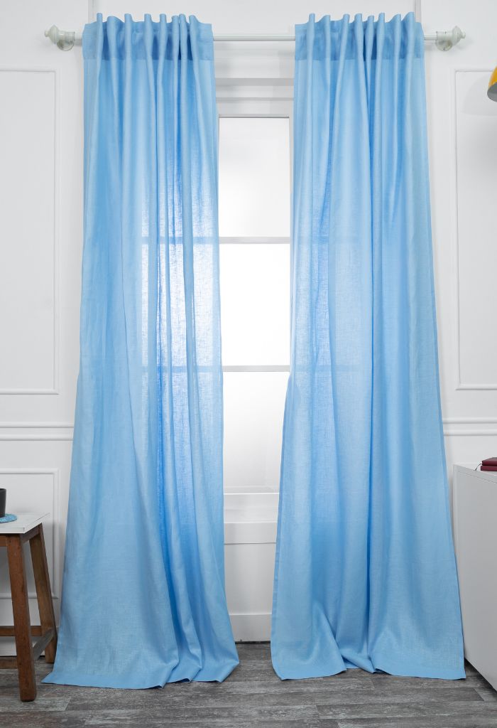 Blue Linen Rod Pocket Curtain, with Back Tab Hang - Handcrafted