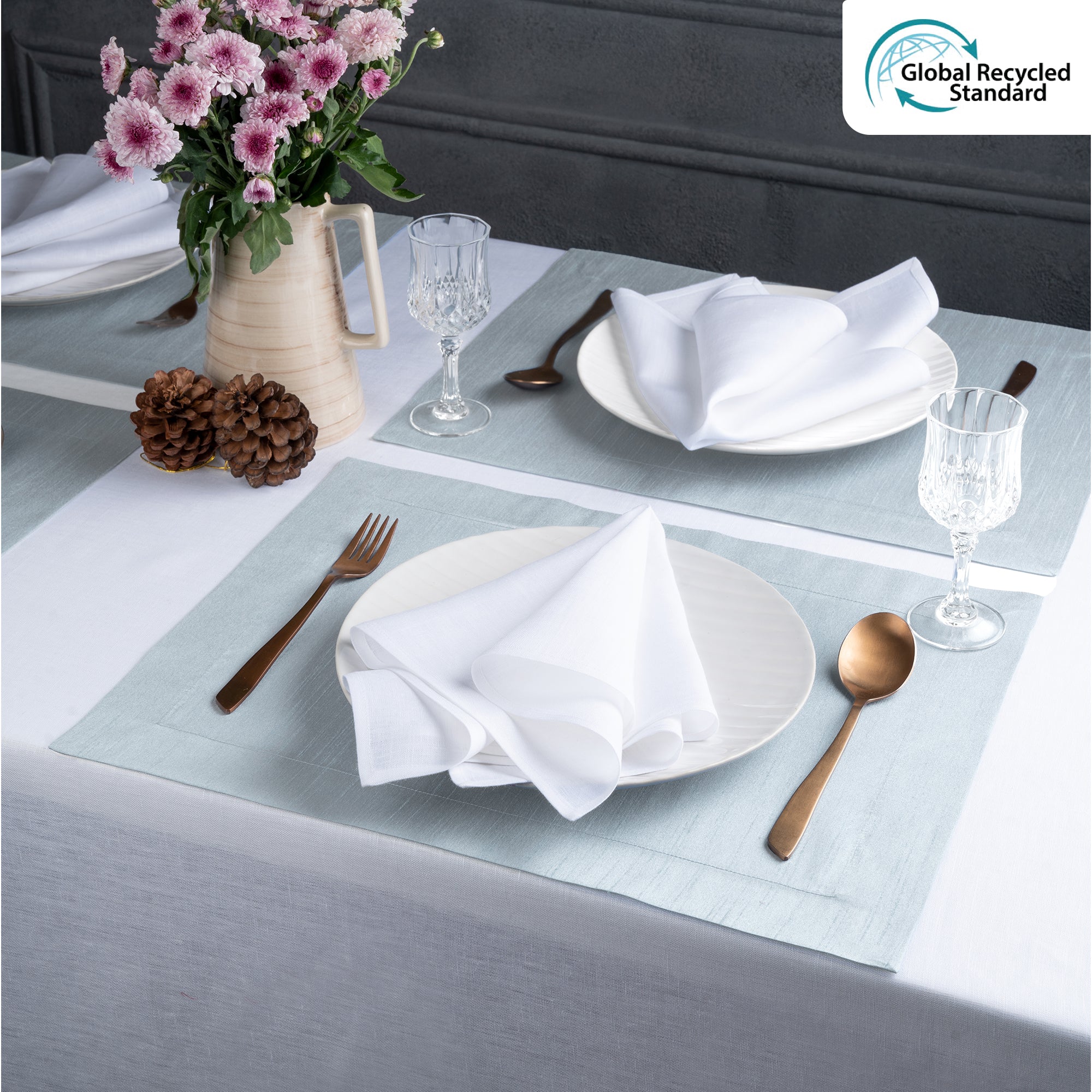 Silver Blue Vegan Silk Placemats, Mitered Corner, 14 x 19 inch, 4 pcs