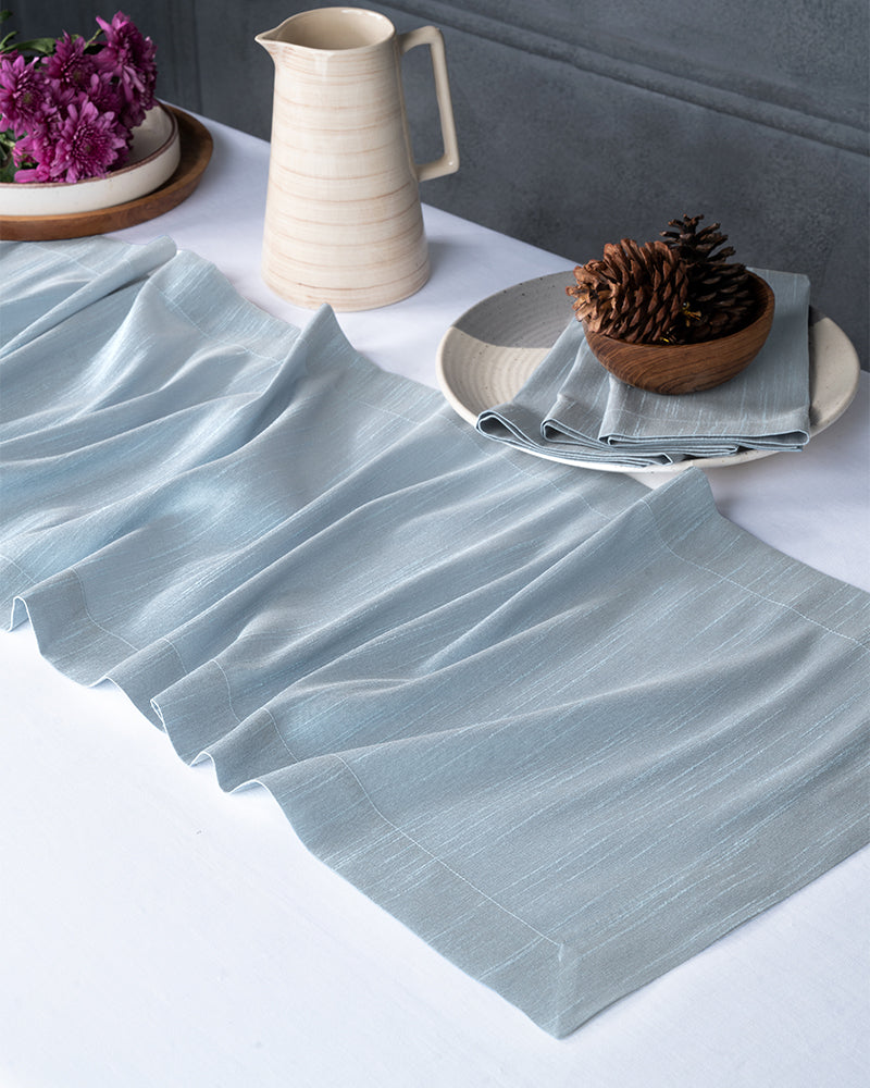 Silver Blue Silk Textured Table Runner - Mitered Corner