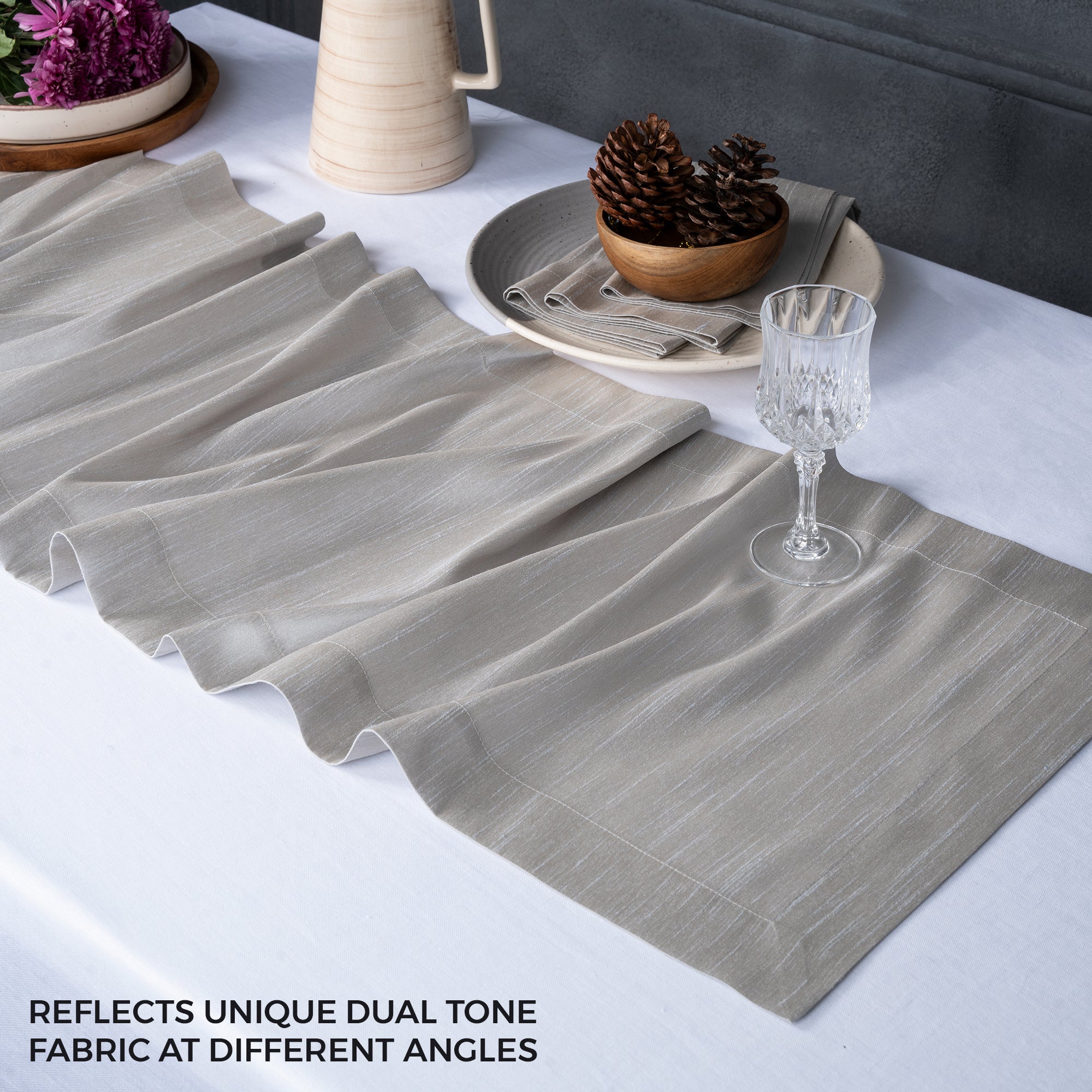 Silver Grey Table Runner, Vegan Silk, Mitered Corner