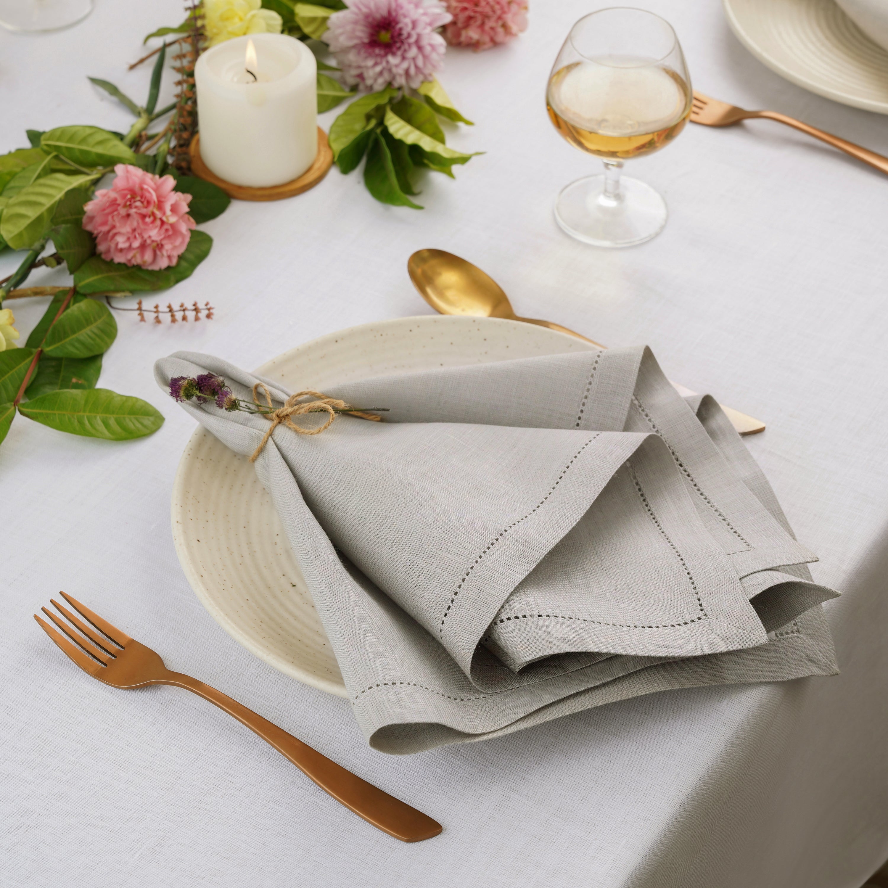 Silver Grey Linen Napkins, Hemstitch, 20 x 20 inch, 4 pcs