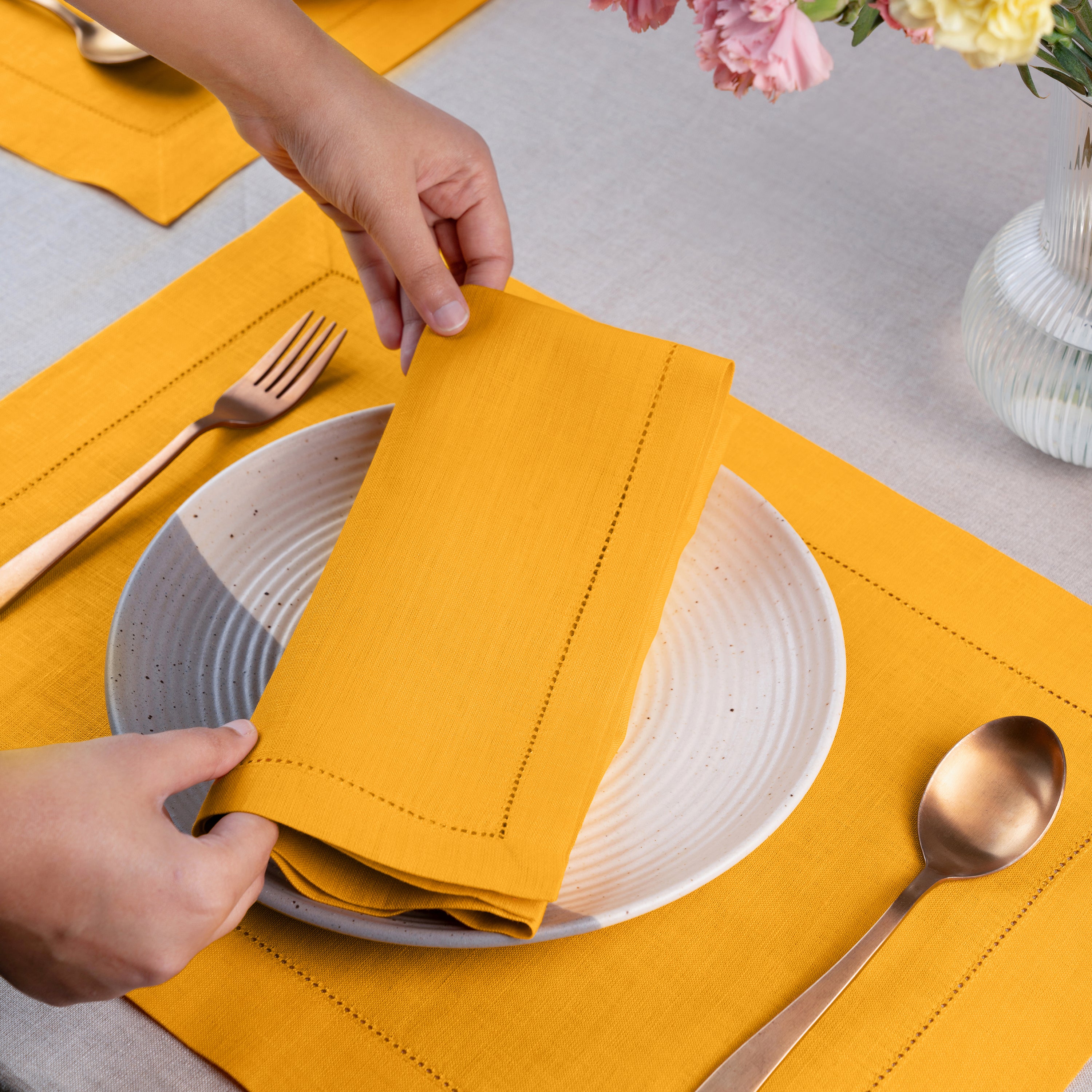 Sunflower Yellow Linen Napkins, Hemstitch, 20 x 20 inch, 4 pcs