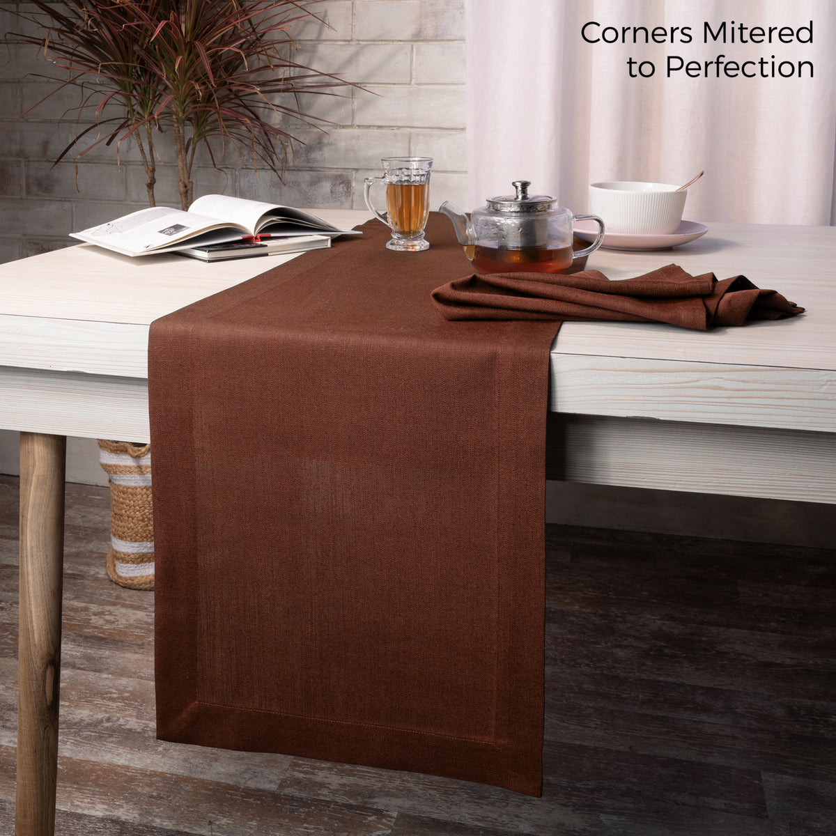 Brown Linen Textured Table Runner - Mitered Corner
